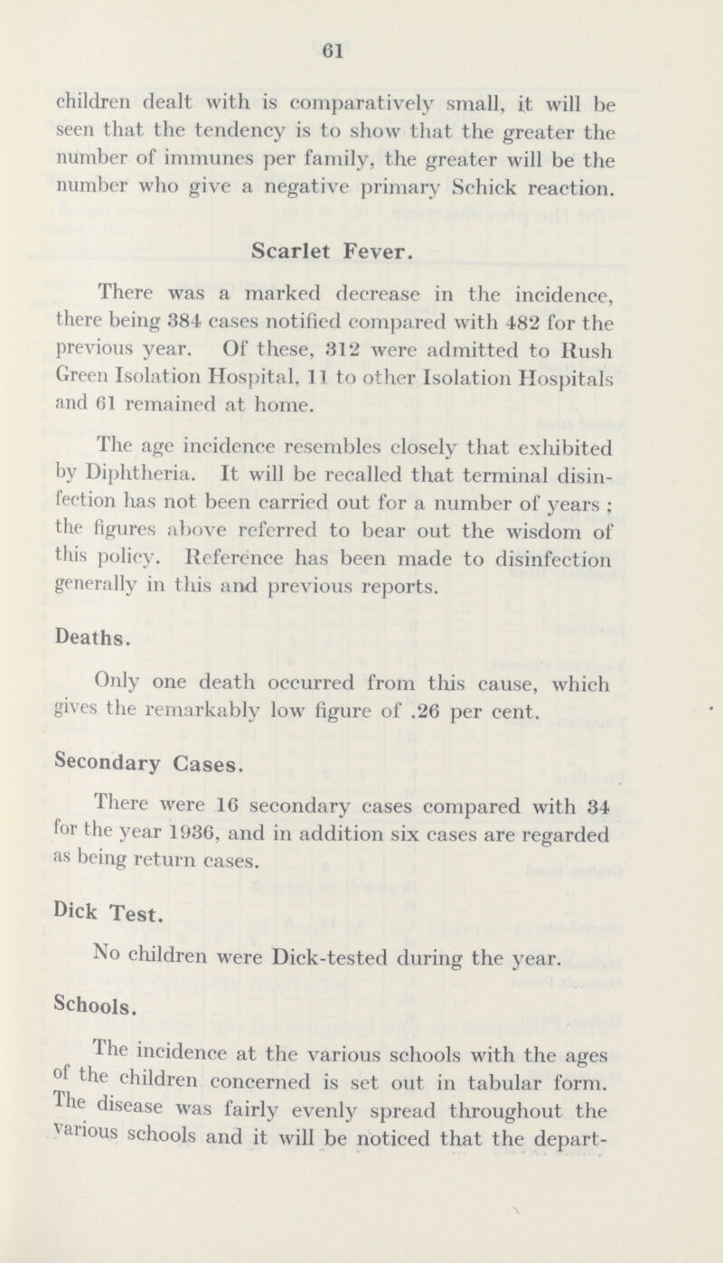 61 children dealt with is comparatively small, it will be seen that the tendency is to show that the greater the number of immunes per family, the greater will be the number who give a negative primary Schick reaction. Scarlet Fever. There was a marked decrease in the incidence, there being 384 cases notified compared with 482 for the previous year. Of these, 312 were admitted to Rush Green Isolation Hospital, 11 to other Isolation Hospitals and 61 remained at home. The age incidence resembles closely that exhibited by Diphtheria. It will be recalled that terminal disin fection has not been carried out for a number of years ; the figures above referred to bear out the wisdom of this policy. Reference has been made to disinfection generally in this and previous reports. Deaths. Only one death occurred from this cause, which gives the remarkably low figure of .26 per cent. Secondary Cases. There were 16 secondary cases compared with 34 for the year 1936, and in addition six cases are regarded as being return cases. Dick Test. No children were Dick-tested during the year. Schools. The incidence at the various schools with the ages of the children concerned is set out in tabular form. The disease was fairly evenly spread throughout the Various schools and it will be noticed that the depart-
