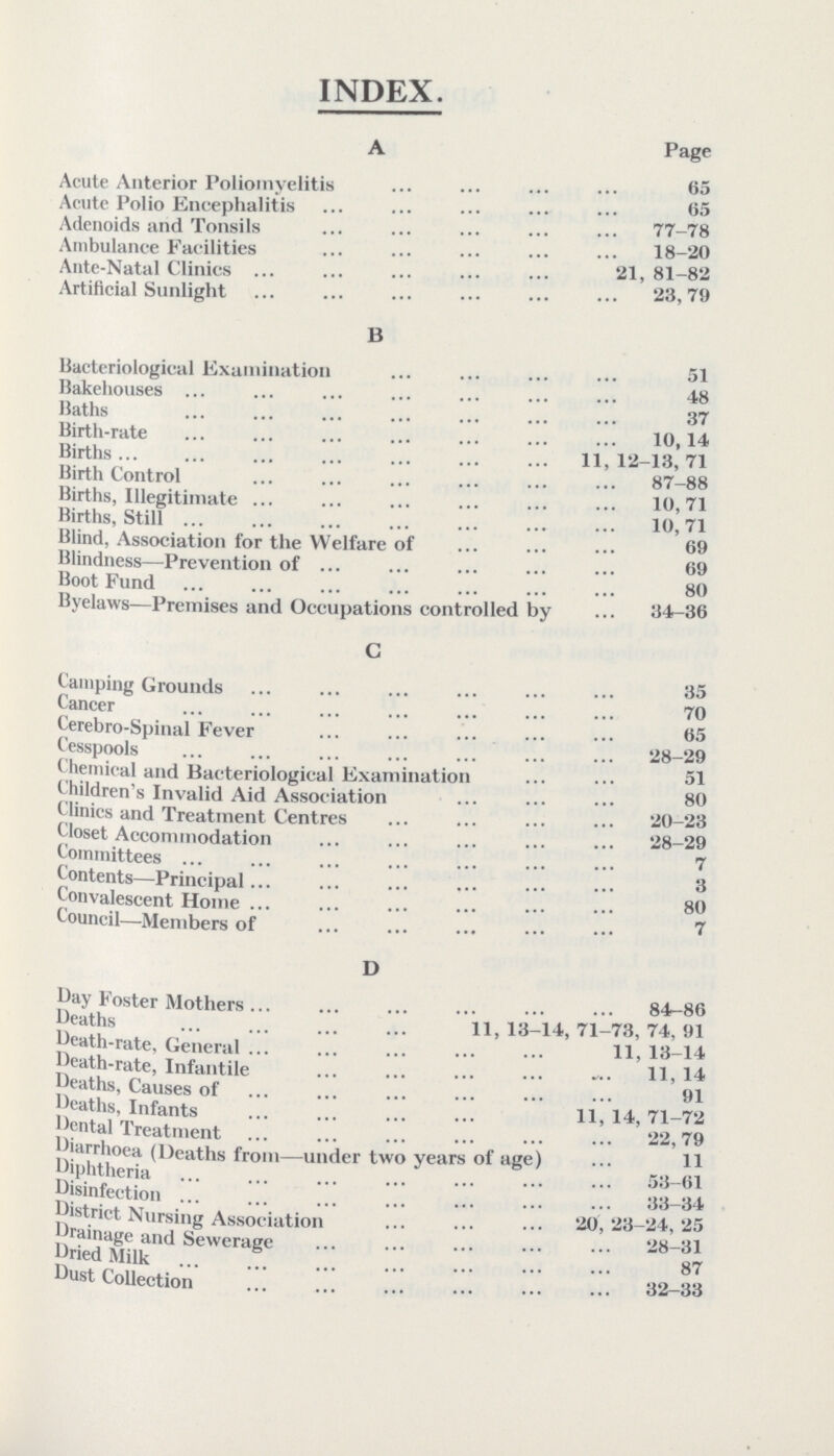 INDEX. A Page Acute Anterior Poliomyelitis 65 Acute Polio Encephalitis 65 Adenoids and Tonsils 77-78 Ambulance Facilities 18-20 Ante-Natal Clinics 21, 81-82 Artificial Sunlight 23,79 B Bacteriological Examination 51 Bakehouses 48 Baths 37 Birth-rate 10,14 Births 11, 12-13,71 Birth Control 87-88 Births, Illegitimate 10,71 Births, Still 10,71 Blind, Association for the Welfare of 69 Blindness—Prevention of 69 Boot Fund 80 Byelaws—Premises and Occupations controlled by 34-36 C Camping Grounds 35 Cancer 70 Cerebro-Spinal Fever 65 Cesspools 28-29 Chemical and Bacteriological Examination 51 Children's Invalid Aid Association 80 Clinics and Treatment Centres 20-23 Closet Accommodation 28-29 Committees 7 Contents—Principal 3 Convalescent Home 80 Council—Members of 7 D Day Foster Mothers 84-86 Deaths 11,13-14,71-78,74,91 Death-rate, General 13-14 Death-rate, Infantile 11,14 Deaths, Causes of 91 Deaths, Infants 11,14,71-72 Dental Treatment 22,79 Diarrhoea (Deaths from—under two years of age) 11 Diphtheria 53-61 Disinfection 33-34 District Nursing Association 20,23—24,25 Drainage and Sewerage 28-31 Dried Milk 87 Dust Collection 32—33