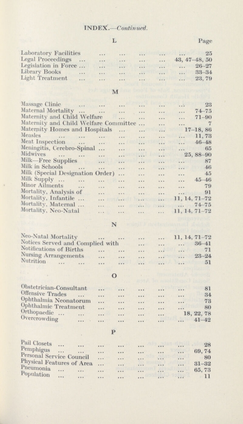 INDEX. Continued. L Page Laboratory Facilities 25 Legal Proceedings 43,47-48,50 Legislation in Force 26-27 Library Books 33-34 Light Treatment 23,79 M Massage Clinic 23 Maternal Mortality 74-75 Maternity and Child Welfare 71—90 Maternity and Child Welfare Committee 7 Maternity Homes and Hospitals 17-18, 86 Measles 11,73 Meat Inspection 46—48 Meningitis, Cerebro-Spinal 65 Midwives 25, 88-90 Milk—Free Supplies 87 Milk in Schools 46 Milk (Special Designation Order) 45 Milk Supply 45-46 Minor Ailments 79 Mortality, Analysis of 91 Mortality, Infantile 11,14,71-72 Mortality, Maternal 74- 75 Mortality, Neo-Natal 11,14,71-72 N Neo-Natal Mortality 11, 14, 71-72 Notices Served and Complied with 36-41 Notifications of Births 71 Nursing Arrangements 23-24 Nutrition 51 O Obstetrician-Consultant 81 Offensive Trades 34 Ophthalmia Neonatorum 73 Ophthalmic Treatment 80 Orthopaedic 18, 22, 78 Overcrowding 41-42 P Pail Closets 28 Pemphigus 69,74 Personal Service Council 80 Physical Features of Area 31-32 Pneumonia 65,73 Population 11