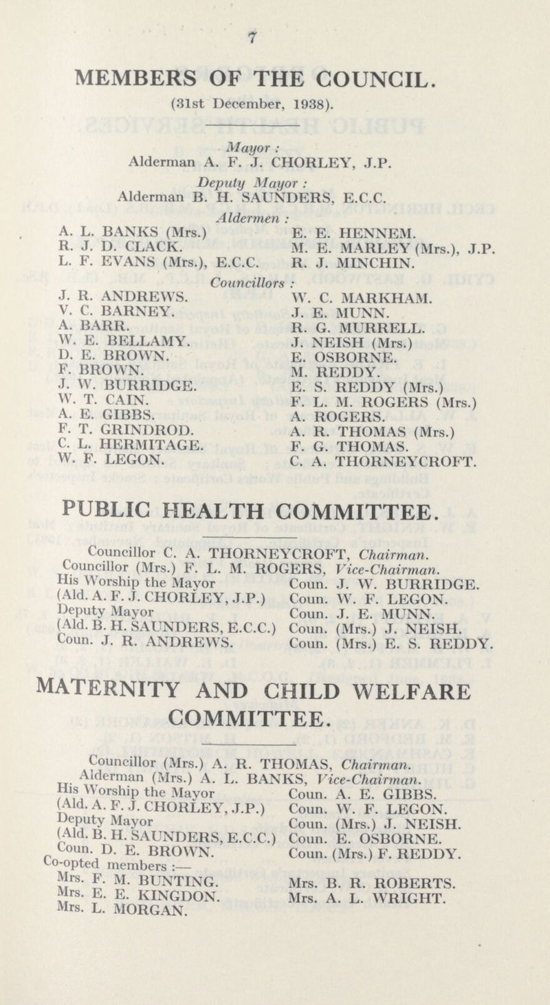7 members of the council. (31st December, 1938). Mayor : Alderman A. F. J. CHORLEY, J.P. Deputy Mayor : Alderman B. H. SAUNDERS, E.C.C. Aldermen : A. L. BANKS (Mrs.) R. J. D. CLACK. L. F. EVANS (Mrs.), E.C.C. E. E. HENNEM. M. E. MARLEY (Mrs.), J.P. R. J. MINCHIN. Councillors : J. R. ANDREWS. V. C. BARNEY. A. BARR. W. E. BELLAMY. D. E. BROWN. F. BROWN. J. W. BURRIDGE. W. T. CAIN. A. E. <;115BS. F. T. GRINDROD. C. L. HERMITAGE. W. F. LEGON. W. C. MARKHAM. J. E. MUNN. R. G. MURRELL. J. NEISH (Mrs.) E. OSBORNE. M. REDDY. E. S. REDDY (Mrs.) F. L. M. ROGERS (Mrs.) A. ROGERS. A. R. THOMAS (Mrs.) F. G. THOMAS. C. A. THORNEYCROFT. public health committee. Councillor C. A. THORNEYCROFT, Chairman. Councillor (Mrs.) F. L. M. ROGERS. Vice-Chairman. His Worship the Mayor (Aid. A. F. J. CHORLEY, J.P.) Deputy Mayor (Aid. B. II. SAUNDERS, E.C.C.) Coun. J. R. ANDREWS. Coun. J. W. BURRIDGE. Coun. W. F. LEGON. Coun. J. E. MUNN. Coun. (Mrs.) J. NEISH. Coun. (Mrs.) E. S. REDDY. maternity and child welfare committee. Councillor (Mrs.) A. R. THOMAS, Chairman. Alderman (Mrs.) A. I,. BANKS. Vice-Chairman. His Worship the Mayor (Aid. A. F. J. CHORLEY, J.P.) Deputy Mayor (Aid. B. H. SAUNDERS, E.C.C.) Coun. D. E. BROWN. Co-opted members :— Mrs. F. M. BUNTING. Mrs. E. E. KINGDON. Mrs. L. MORGAN. Coun. A. E. GIBBS. Coun. W. F. LEGON. Coun. (Mrs.) J. NEISH. Coun. E. OSBORNE. Coun. (Mrs.) F. REDDY. Mrs. B. R. ROBERTS. Mrs. A. L. WRIGHT.