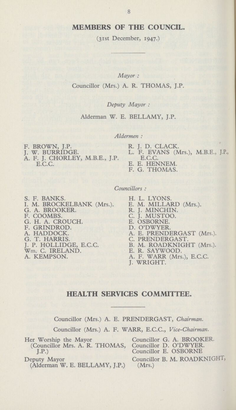 8 MEMBERS OF THE COUNCIL. (31st December, 1947.) Mayor : Councillor (Mrs.) A. R. THOMAS, J.P. Deputy Mayor : Alderman W. E. BELLAMY, J.P. Aldermen : F. BROWN, J.P. J. W. BURRIDGE. A. F. J. CHORLEY, M.B.E., J.P. E.C.C. R. J. D. CLACK. L. F. EVANS (Mrs.), M.B.E., J.P., E.C.C. E. E. HENNEM. F. G. THOMAS. Councillors : S. F. BANKS. I. M. BROCKELBANK (Mrs.). G. A. BROOKER. F. COOMBS. G. H. A. CROUCH. F. GRINDROD. A. HADDOCK. G. T. HARRIS. J. P. HOLLIDGE, E.C.C. Wm. C. IRELAND. A. KEMPSON. H. L. LYONS. E. M. MILLARD (Mrs.). R. J. MINCHIN. C. J. MUSTOO. E. OSBORNE. D. O'DWYER. A. E. PRENDERGAST (Mrs.). C. PRENDERGAST. B. M. ROADKNIGHT (Mrs.). E. R. SAYWOOD. A. F. WARR (Mrs.), E.C.C. J. WRIGHT. HEALTH SERVICES COMMITTEE. Councillor (Mrs.) A. E. PRENDERGAST, Chairman. Councillor (Mrs.) A. F. WARR, E.C.C., Vice-Chairman. Her Worship the Mayor (Councillor Mrs. A. R. THOMAS, JP.) Deputy Mayor (Alderman W. E. BELLAMY, J.P.) Councillor G. A. BROOKEK. Councillor D. O'DWYER. Councillor E. OSBORNE Councillor B. M. ROADKNIGHT, (Mrs.)