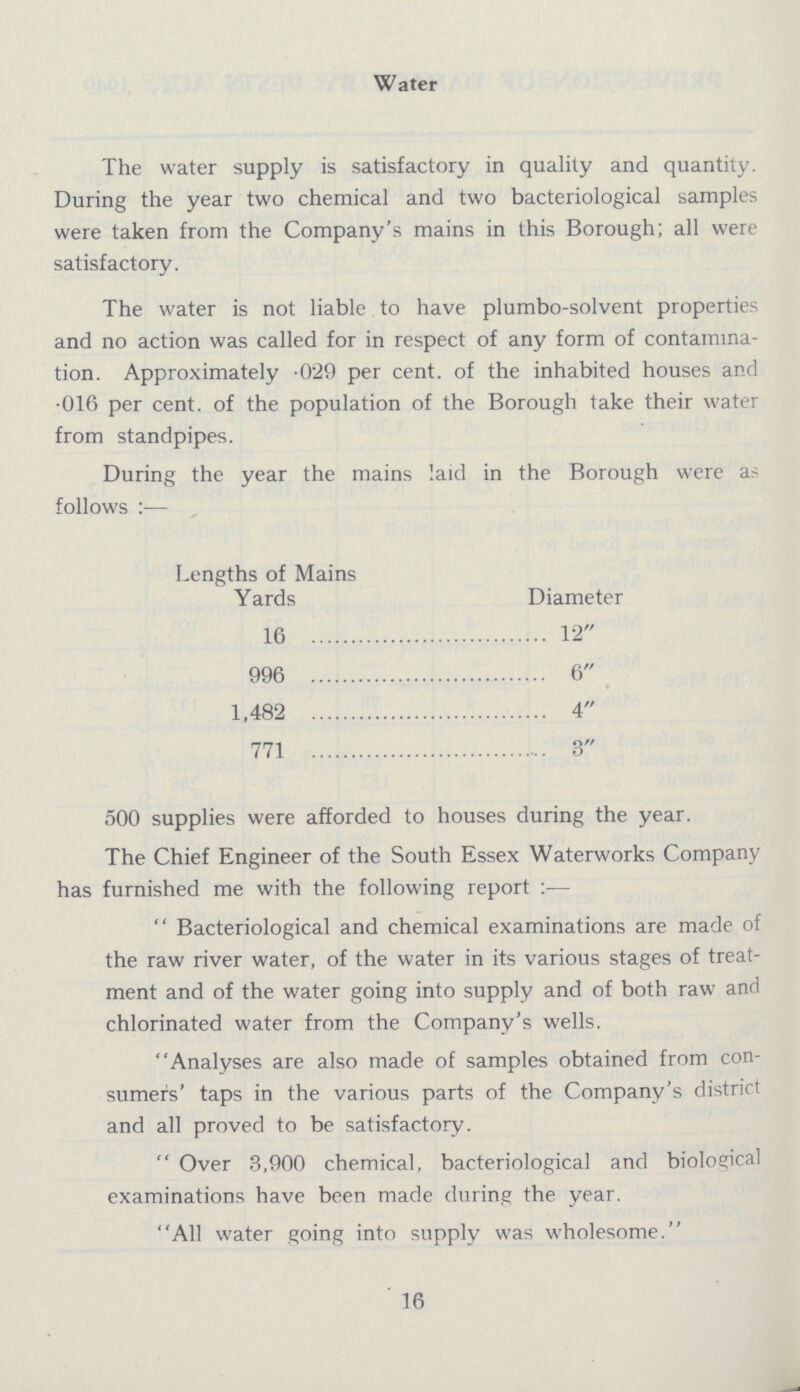 Water The water supply is satisfactory in quality and quantity. During the year two chemical and two bacteriological samples were taken from the Company's mains in this Borough; all were satisfactory. The water is not liable to have plumbo-solvent properties and no action was called for in respect of any form of contamina tion. Approximately .029 per cent. of the inhabited houses and .016 per cent. of the population of the Borough take their water from standpipes. During the year the mains laid in the Borough were a follows :— Lengths of Mains Yards Diameter 16 12 996 6 1,482 4 771 3 500 supplies were afforded to houses during the year. The Chief Engineer of the South Essex Waterworks Company has furnished me with the following report  Bacteriological and chemical examinations are made of the raw river water, of the water in its various stages of treat ment and of the water going into supply and of both raw and chlorinated water from the Company's wells. Analyses are also made of samples obtained from con sumers' taps in the various parts of the Company's district and all proved to be satisfactory.  Over 3,900 chemical, bacteriological and biological examinations have been made during the year. All water going into supply was wholesome. 16