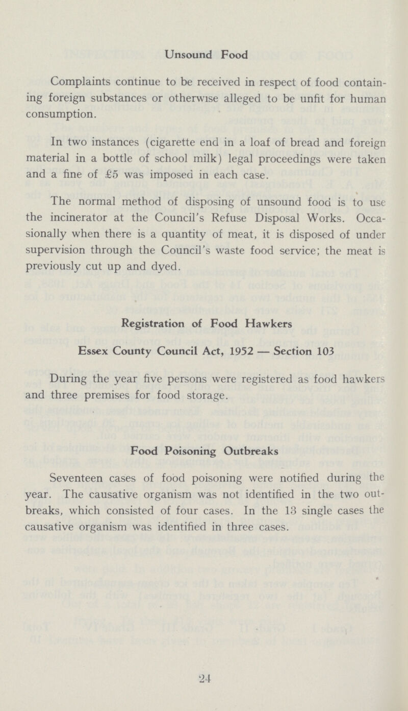 Unsound Food Complaints continue to be received in respect of food contain ing foreign substances or otherwise alleged to be unfit for human consumption. In two instances (cigarette end in a loaf of bread and foreign material in a bottle of school milk) legal proceedings were taken and a fine of £5 was imposed in each case. The normal method of disposing of unsound food is to use the incinerator at the Council's Refuse Disposal Works. Occa sionally when there is a quantity of meat, it is disposed of under supervision through the Council's waste food service; the meat is previously cut up and dyed. Registration of Food Hawkers Essex County Council Act, 1952 — Section 103 During the year five persons were registered as food hawkers and three premises for food storage. Food Poisoning Outbreaks Seventeen cases of food poisoning were notified during the year. The causative organism was not identified in the two out breaks, which consisted of four cases. In the 13 single cases the causative organism was identified in three cases. 24