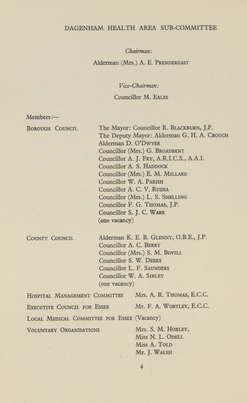 DAGENHAM HEALTH AREA SUB-COMMITTEE Chairman: Alderman (Mrs.) A. E. Prendergast Vice-Chairman: Councillor M. Eales Members:— Borough Council The Mayor: Councillor R. Blackburn, J.P. The Deputy Mayor: Alderman G. H. A. Crouch Alderman D. O'Dwyer Councillor (Mrs.) G. Broadbent Councillor A. J. Fry, A.R.I.C.S., A.A.I. Councillor A. S. Haddock Councillor (Mrs.) E. M. Millard Councillor W. A. Parish Councillor A. C. V. Rusha Councillor (Mrs.) L. S. Snelling Councillor F. G. Thomas, J.P. Councillor S. J. C. Warr (one vacancy) County Council Alderman K. E. B. Glenny, O.B.E., J.P. Councillor A. C. Berry Councillor (Mrs.) S. M. Bovill Councillor S. W. Deeks Councillor L. F. Saunders Councillor W. A. Sibley (one vacancy) Hospital Management Committee Mrs. A. R. Thomas, E.C.C. Executive Council for Essex Mr. F. A. Wortley, E.C.C. Local Medical Committee for Essex (Vacancy) Voluntary Organisations Mrs. S. M. Hoxley, Miss N. L. Odell Miss A. Told Mr. J. Walsh 4