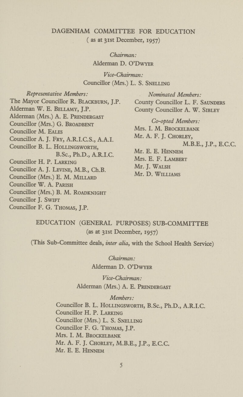 DAGENHAM COMMITTEE FOR EDUCATION ( as at 31st December, 1957) Chairman: Alderman D. O'Dwyer Vice-Chairman: Councillor (Mrs.) L. S. Snelling Representative Members: The Mayor Councillor R. Blackburn, J.P. Alderman W. E. Bellamy, J.P. Alderman (Mrs.) A. E. Prendergast Councillor (Mrs.) G. Broadbent Councillor M. Eales Councillor A. J. Fry, A.R.I.C.S., A.A.I. Councillor B. L. Hollingsworth, B.Sc., Ph.D., A.R.I.C. Councillor H. P. Larking Councillor A. J. Levine, M.B., Ch.B. Councillor (Mrs.) E. M. Millard Councillor W. A. Parish Councillor (Mrs.) B. M. Roadknight Councillor J. Swift Councillor F. G. Thomas, J.P. Nominated Members: County Councillor L. F. Saunders County Councillor A. W. Sibley Co-opted Members: Mrs. I. M. Brockelbank Mr. A. F. J. Chorley, M.B.E., J.P., E.C.C. Mr. E. E. Hennem Mrs. E. F. Lambert Mr. J. Walsh Mr. D. Williams EDUCATION (GENERAL PURPOSES) SUB-COMMITTEE (as at 31st December, 1957) (This Sub-Committee deals, inter alia, with the School Health Service) Chairman: Alderman D. O'Dwyer Vice-Chairman: Alderman (Mrs.) A. E. Prendergast Members: Councillor B. L. Hollingsworth, B.Sc., Ph.D., A.R.I.C. Councillor H. P. Larking Councillor (Mrs.) L. S. Snelling Councillor F. G. Thomas, J.P. Mrs. I. M. Brockelbank Mr. A. F. J. Chorley, M.B.E., J.P., E.C.C. Mr. E. E. Hennem 5