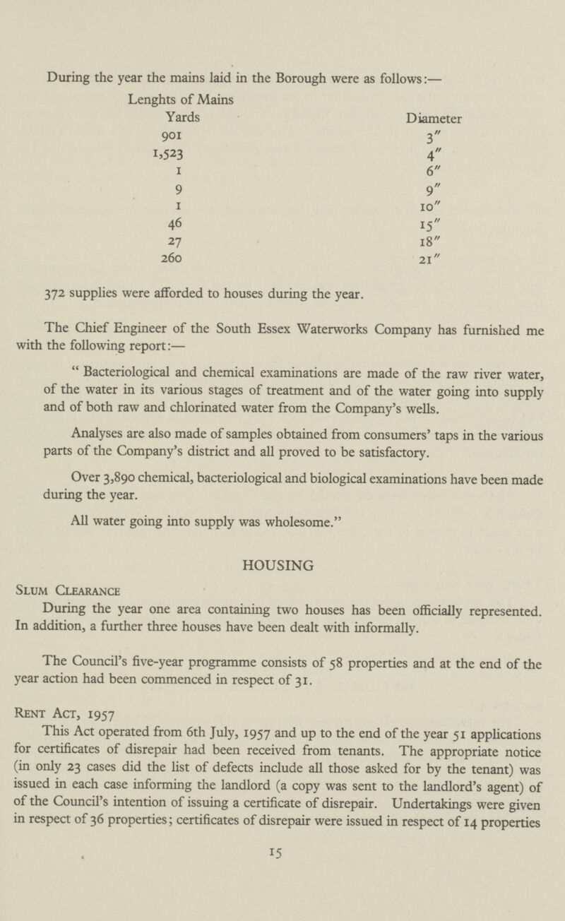 During the year the mains laid in the Borough were as follows:— Lenghts of Mains Yards Diameter 901 3 I5523 4 1 6 9 9 1 10 46 15 27 18 260 21 372 supplies were afforded to houses during the year. The Chief Engineer of the South Essex Waterworks Company has furnished me with the following report:— “Bacteriological and chemical examinations are made of the raw river water, of the water in its various stages of treatment and of the water going into supply and of both raw and chlorinated water from the Company's wells. Analyses are also made of samples obtained from consumers’ taps in the various parts of the Company's district and all proved to be satisfactory. Over 3,890 chemical, bacteriological and biological examinations have been made during the year. All water going into supply was wholesome. HOUSING Slum Clearance During the year one area containing two houses has been officially represented. In addition, a further three houses have been dealt with informally. The Council's five-year programme consists of 58 properties and at the end of the year action had been commenced in respect of 31. Rent Act, 1957 This Act operated from 6th July, 1957 and up to the end of the year 51 applications for certificates of disrepair had been received from tenants. The appropriate notice (in only 23 cases did the list of defects include all those asked for by the tenant) was issued in each case informing the landlord (a copy was sent to the landlord's agent) of of the Council's intention of issuing a certificate of disrepair. Undertakings were given in respect of 36 properties; certificates of disrepair were issued in respect of 14 properties 15