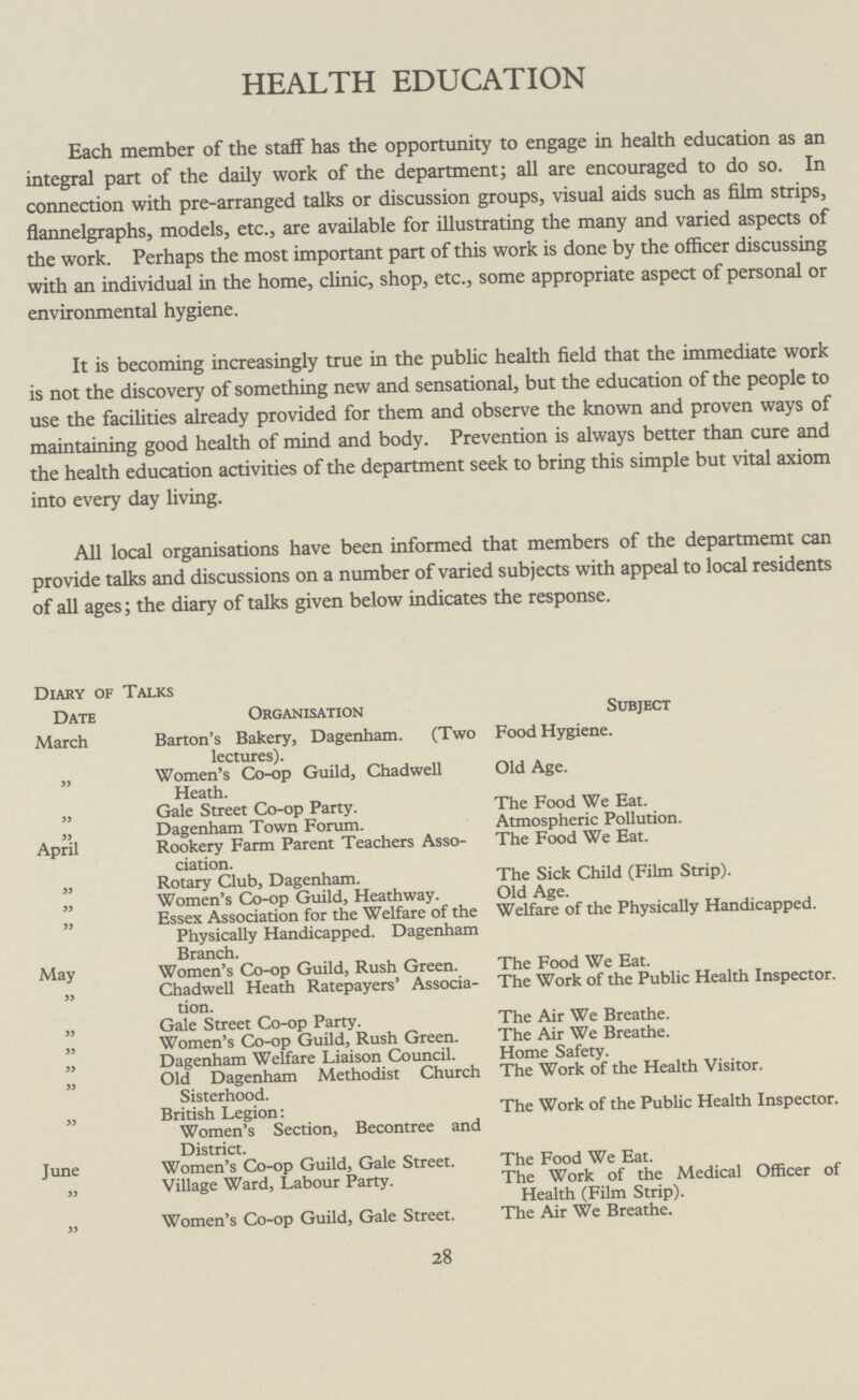 HEALTH EDUCATION Each member of the staff has the opportunity to engage in health education as an integral part of the daily work of the department; all are encouraged to do so. In connection with pre-arranged talks or discussion groups, visual aids such as film strips, flannelgraphs, models, etc., are available for illustrating the many and varied aspects of the work. Perhaps the most important part of this work is done by the officer discussing with an individual in the home, clinic, shop, etc., some appropriate aspect of personal or environmental hygiene. It is becoming increasingly true in the public health field that the immediate work is not the discovery of something new and sensational, but the education of the people to use the facilities already provided for them and observe the known and proven ways of maintaining good health of mind and body. Prevention is always better than cure and the health education activities of the department seek to bring this simple but vital axiom into every day living. All local organisations have been informed that members of the departmemt can provide talks and discussions on a number of varied subjects with appeal to local residents of all ages; the diary of talks given below indicates the response. Diary of Talks Date Organisation Subject March Barton's Bakery, Dagenham. (Two lectures). Food Hygiene. ,, Women's Co-op Guild, Chadwell Heath. Old Age. ,, Gale Street Co-op Party. The Food We Eat. ,, Dagenham Town Forum. Atmospheric Pollution. April Rookery Farm Parent Teachers Asso ciation. The Food We Eat. ,, Rotary Club, Dagenham. The Sick Child (Film Strip). ,, Women's Co-op Guild, Heathway. Old Age. ,, Essex Association for the Welfare of the Physically Handicapped. Dagenham Branch. Welfare of the Physically Handicapped. May Women's Co-op Guild, Rush Green. The Food We Eat. ,, Chadwell Heath Ratepayers' Associa tion. The Work of the Public Health Inspector. ,, Gale Street Co-op Party. The Air We Breathe. ,, Women's Co-op Guild, Rush Green. The Air We Breathe. ,, Dagenham Welfare Liaison Council. Home Safety. ,, Old Dagenham Methodist Church Sisterhood. The Work of the Health Visitor. ,, British Legion: Women's Section, Becontree and District. The Work of the Public Health Inspector. June Women's Co-op Guild, Gale Street. The Food We Eat. ,, Village Ward, Labour Party. The Work of the Medical Officer of Health (Film Strip). ,, Women's Co-op Guild, Gale Street. The Air We Breathe. 28