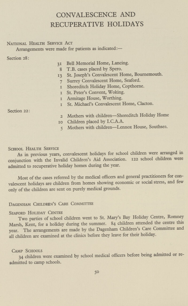 CONVALESCENCE AND RECUPERATIVE HOLIDAYS National Health Service Act Arrangements were made for patients as indicated:— Section 28: 31 Bell Memorial Home, Lancing. 8 T.B. cases placed by Spero. 13 St. Joseph's Convalescent Home, Bournemouth. 7 Surrey Convalescent Home, Seaford. 1 Shoreditch Holiday Home, Copthorne. 1 St. Peter's Convent, Woking. 1 Armitage House, Worthing. 1 St. Michael's Convalescent Home, Clacton. Section 22: 2 Mothers with children—Shoreditch Holiday Home 10 Children placed by I.C.A.A. 5 Mothers with children—Lennox House, Southsea. School Health Service As in previous years, convalescent holidays for school children were arranged in conjunction with the Invalid Children's Aid Association. 122 school children were admitted to recuperative holiday homes during the year. Most of the cases referred by the medical officers and general practitioners for con valescent holidays are children from homes showing economic or social stress, and few only of the children are sent on purely medical grounds. Dagenham Children's Care Committee Seaford Holiday Centre Two parties of school children went to St. Mary's Bay Holiday Centre, Romney Marsh, Kent, for a holiday during the summer. 84 children attended the centre this year. The arrangements are made by the Dagenham Children's Care Committee and all children are examined at the clinics before they leave for their holiday. Camp Schools 34 children were examined by school medical officers before being admitted or re admitted to camp schools. 50