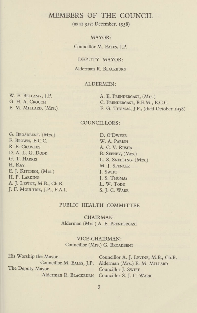 MEMBERS OF THE COUNCIL (as at 31st December, 1958) MAYOR: Councillor M. Eales, J.P. DEPUTY MAYOR: Alderman R. Blackburn ALDERMEN: W. E. Bellamy, J.P. A. E. Prendergast, (Mrs.) G. H. A. Crouch C. Prendergast, B.E.M., E.C.C. E. M. Millard, (Mrs.) F. G. Thomas, J.P., (died October 1958) COUNCILLORS: G. Broadbent, (Mrs.) D. O'Dwyer F. Brown, E.C.C. W. A. Parish R. E. Crawley A. C. V. Rusha D. A. L. G. Dodd B. Seeney, (Mrs.) G. T. Harris L. S. Snelling, (Mrs.) H. Kay M. J. Spencer E. J. Kitchen, (Mrs.) J. Swift H. P. Larking J. S. Thomas A. J. Levine, M.B., Ch.B. L. W. Todd J. F. Moultrie, J.P., F.A.I. S. J. C. Warr PUBLIC HEALTH COMMITTEE CHAIRMAN: Alderman (Mrs.) A. E. Prendergast VICE-CHAIRMAN: Councillor (Mrs.) G. Broadbent His Worship the Mayor Councillor A. J. Levine, M.B., Ch.B. Councillor M. Eales, J.P. Alderman (Mrs.) E. M. Millard The Deputy Mayor Councillor J. Swift Alderman R. Blackburn Councillor S. J. C. Warr 3