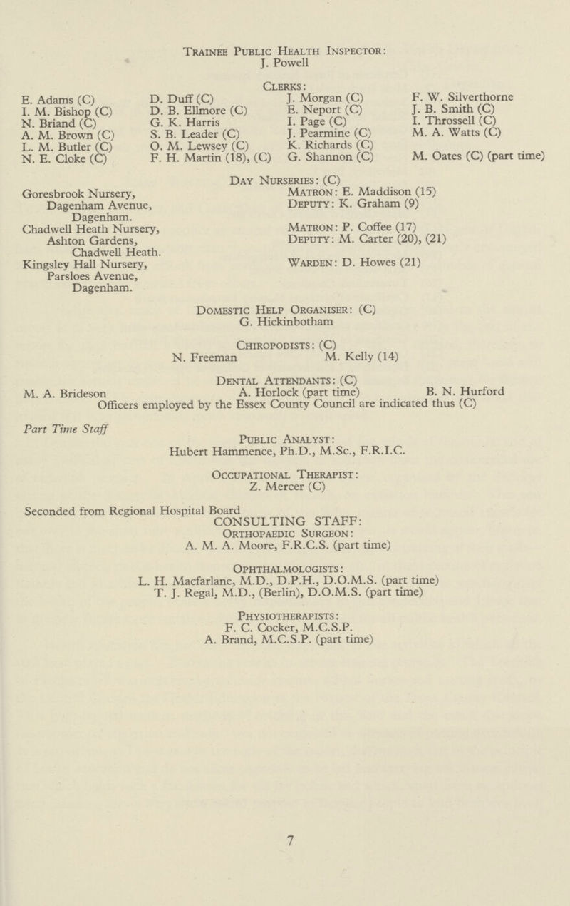 Trainee Public Health Inspector: J. Powell Clerks: E. Adams (C) D. Duff (C) J. Morgan (C) F. W. Silverthorne I. M. Bishop (C) D. B. Ellmore (C) E. Neport (C) J. B. Smith (C) N. Briand (C) G. K. Harris I. Page (C) I. Throssell (C) A. M. Brown (C) S. B. Leader (C) J. Pearmine (C) M. A. Watts (C) L. M. Butler (C) O. M. Lewsey (C) K. Richards (C) N. E. Cloke (C) F. H. Martin (18), (C) G. Shannon (C) M. Oates (C) (part time) Day Nurseries: (C) Goresbrook Nursery, Matron: E. Maddison (15) Dagenham Avenue, Deputy: K. Graham (9) Dagenham. Chadwell Heath Nursery, Matron: P. Coffee (17) Ashton Gardens, Deputy: M. Carter (20), (21) Chadwell Heath. Kingsley Hall Nursery, Warden: D. Howes (21) Parsloes Avenue, Dagenham. Domestic Help Organiser: (C) G. Hickinbotham Chiropodists: (C) N. Freeman M. Kelly (14) Dental Attendants: (C) M. A. Brideson A. Horlock (part time) B. N. Hurford Officers employed by the Essex County Council are indicated thus (C) Part Time Staff Public Analyst: Hubert Hammence, Ph.D., M.Sc., F.R.I.C. Occupational Therapist: Z. Mercer (C) Seconded from Regional Hospital Board CONSULTING STAFF: Orthopaedic Surgeon: A. M. A. Moore, F.R.C.S. (part time) Ophthalmologists: L. H. Macfarlane, M.D., D.P.H., D.O.M.S. (part time) T. J. Regal, M.D., (Berlin), D.O.M.S. (part time) Physiotherapists : F. C. Cocker, M.C.S.P. A. Brand, M.C.S.P. (part time) 7