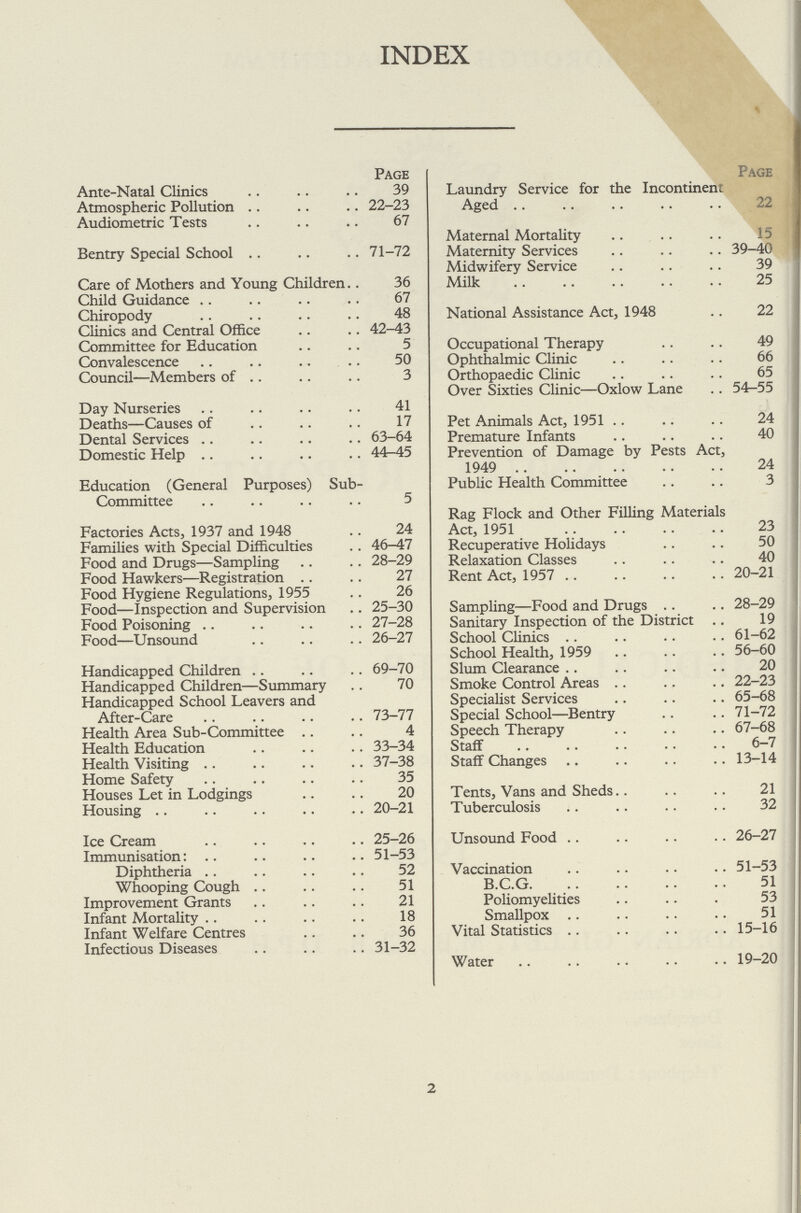 INDEX Page Ante-Natal Clinics 39 Atmospheric Pollution 22-23 Audiometric Tests 67 Bentry Special School 71-72 Care of Mothers and Young Children 36 Child Guidance 67 Chiropody 48 Clinics and Central Office 42-43 Committee for Education 5 Convalescence 50 Council—Members of 3 Day Nurseries 41 Deaths—Causes of 17 Dental Services 63-64 Domestic Help 44-45 Education (General Purposes) Sub- Committee 5 Factories Acts, 1937 and 1948 24 Families with Special Difficulties 46-47 Food and Drugs—Sampling 28-29 Food Hawkers—Registration 27 Food Hygiene Regulations, 1955 26 Food—Inspection and Supervision 25-30 Food Poisoning 27-28 Food—Unsound 26-27 Handicapped Children 69-70 Handicapped Children—Summary 70 Handicapped School Leavers and After-Care 73-77 Health Area Sub-Committee 4 Health Education 33-34 Health Visiting 37-38 Home Safety 35 Houses Let in Lodgings 20 Housing 20-21 Ice Cream 25-26 Immunisation: 51-53 Diphtheria 52 Whooping Cough 51 Improvement Grants 21 Infant Mortality 18 Infant Welfare Centres 36 Infectious Diseases 31-32 Page Laundry Service for the Incontinent Aged 22 Maternal Mortality Maternity Services 39-40 Midwifery Service 39 Milk 25 National Assistance Act, 1948 22 Occupational Therapy 49 Ophthalmic Clinic 66 Orthopaedic Clinic 65 Over Sixties Clinic—Oxlow Lane 54-55 Pet Animals Act, 1951 24 Premature Infants 40 Prevention of Damage by Pests Act, 1949 24 Public Health Committee 3 Rag Flock and Other Filling Materials Act, 1951 23 Recuperative Holidays 50 Relaxation Classes 40 Rent Act, 1957 20-21 Sampling—Food and Drugs 28-29 Sanitary Inspection of the District 19 School Clinics 61-62 School Health, 1959 56-60 Slum Clearance 20 Smoke Control Areas 22-23 Specialist Services 65-68 Special School—Bentry 71-72 Speech Therapy 67-68 Staff 6-7 Staff Changes 13-14 Tents, Vans and Sheds 21 Tuberculosis 32 Unsound Food 26-27 Vaccination 51-53 B.C.G 51 Poliomyelities 53 Smallpox 51 Vital Statistics 15-16 Water 19-20 2