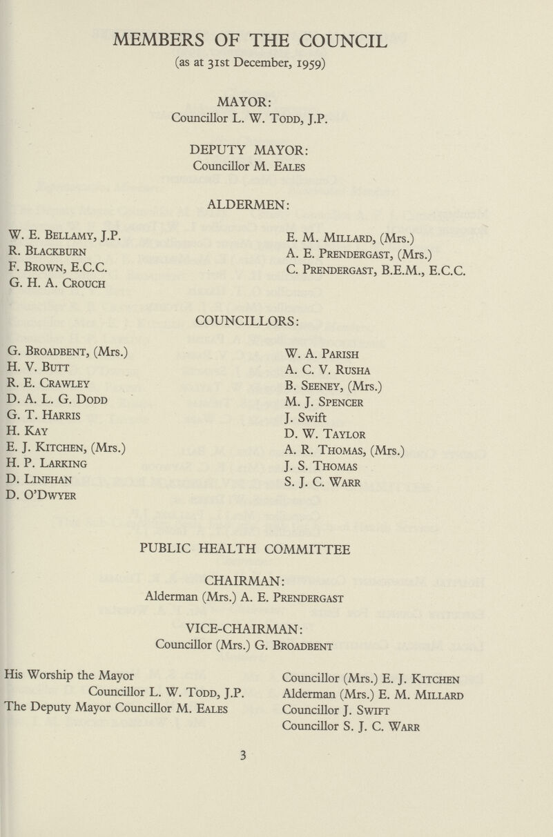 MEMBERS OF THE COUNCIL (as at 31st December, 1959) MAYOR: Councillor L. W. Todd, J.P. DEPUTY MAYOR: Councillor M. Eales ALDERMEN: W. E. Bellamy, J.P. E. M. Millard, (Mrs.) R. Blackburn A. E. Prendergast, (Mrs.) F. Brown, E.C.C. C. Prendergast, B.E.M., E.C.C. G. H. A. Crouch COUNCILLORS: G. Broadbent, (Mrs.) W. A. Parish H. V. Butt A. C. V. Rusha R. E. Crawley B. Seeney, (Mrs.) D. A. L. G. Dodd M. J. Spencer G. T. Harris J. Swift H. Kay D. W. Taylor E. J. Kitchen, (Mrs.) A. R. Thomas, (Mrs.) H. P. Larking J. S. Thomas D. Linehan S. J. C. Warr D. O'Dwyer PUBLIC HEALTH COMMITTEE CHAIRMAN: Alderman (Mrs.) A. E. Prendergast VICE-CHAIRMAN: Councillor (Mrs.) G. Broadbent His Worship the Mayor Councillor (Mrs.) E. J. Kitchen Councillor L. W. Todd, J.P. Alderman (Mrs.) E. M. Millard The Deputy Mayor Councillor M. Eales Councillor J. Swift Councillor S. J. C. Warr 3