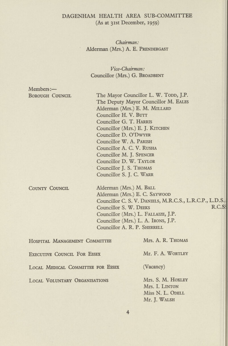 DAGENHAM HEALTH AREA SUB-COMMITTEE (As at 31st December, 1959) Chairman: Alderman (Mrs.) A. E. Prendergast Vice-Chairman: Councillor (Mrs.) G. Broadbent Members:— Borough Council The Mayor Councillor L. W. Todd, J.P. The Deputy Mayor Councillor M. Eales Alderman (Mrs.) E. M. Millard Councillor H. V. Butt Councillor G. T. Harris Councillor (Mrs.) E. J. Kitchen Councillor D. O' Dwyer Councillor W. A. Parish Councillor A. C. V. Rusha Councillor M. J. Spencer Councillor D. W. Taylor Councillor J. S. Thomas Councillor S. J. C. Warr County Council Alderman (Mrs.) M. Ball Alderman (Mrs.) E. C. Saywood Councillor C. S. V. Daniels, M.R.C.S., L.R.C.P., L.D.S., Councillor S. W. Deeks R.C.S; Councillor (Mrs.) L. Fallaize, J.P. Councillor (Mrs.) L. A. Irons, J.P. Councillor A. R. P. Sherrell Hospital Management Committee Mrs. A. R. Thomas Executive Council For Essex Mr. F. A. Wortley Local Medical Committee for Essex (Vacancy) Local Voluntary Organisations Mrs. S. M. Hoxley Mrs. I. Linton Miss N. L. Odell Mr. J. Walsh 4