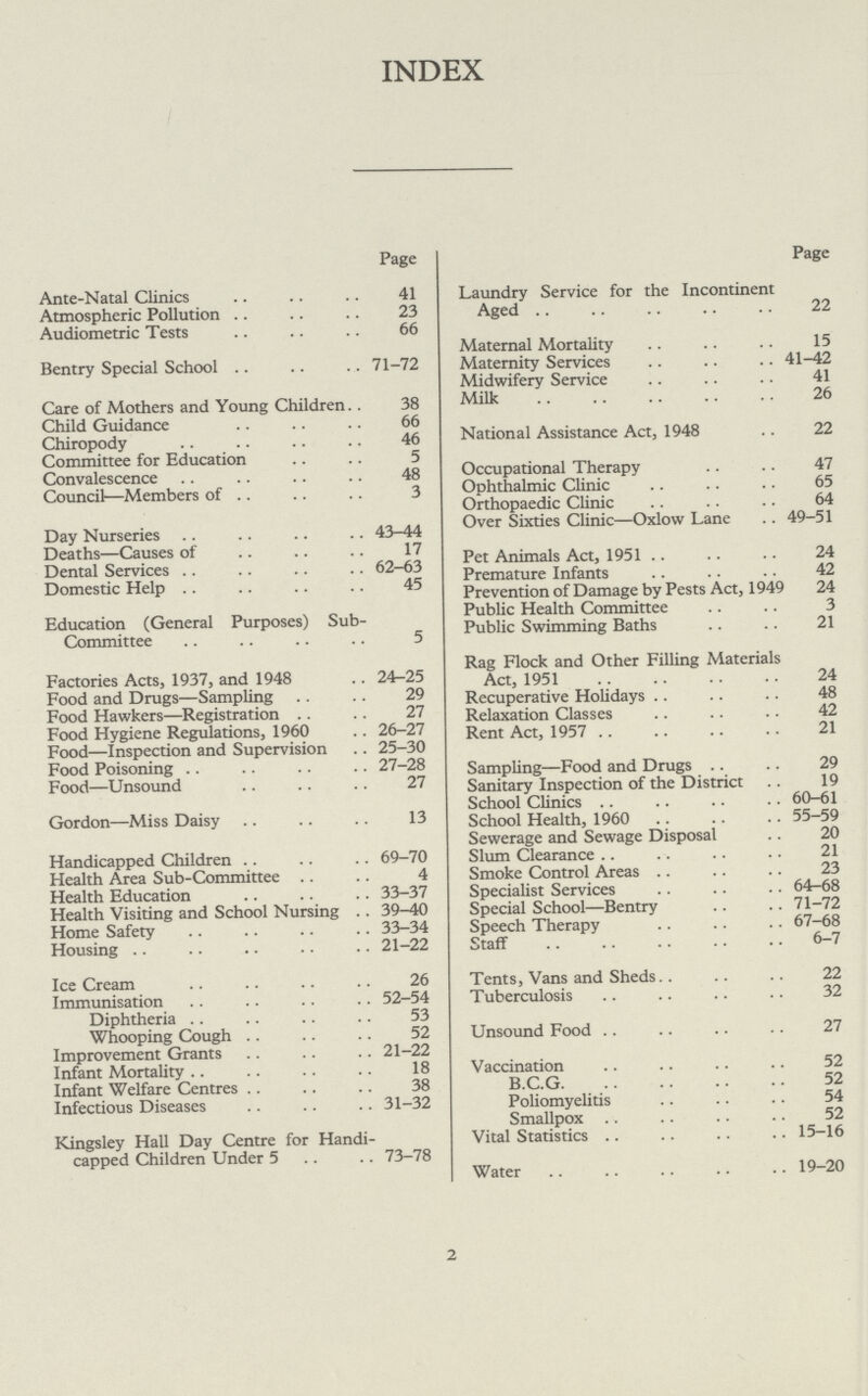INDEX Page Ante-Natal Clinics 41 Atmospheric Pollution 23 Audiometric Tests 66 Bentry Special School 71-72 Care of Mothers and Young Children 38 Child Guidance 66 Chiropody 46 Committee for Education 5 Convalescence 48 Council—Members of 3 Day Nurseries 43-44 Deaths—Causes of 17 Dental Services 62-63 Domestic Help 45 Education (General Purposes) Sub- Committee 5 Factories Acts, 1937, and 1948 24-25 Food and Drugs—Sampling 29 Food Hawkers—Registration 27 Food Hygiene Regulations, 1960 26-27 Food—Inspection and Supervision 25-30 Food Poisoning 27-28 Food—Unsound 27 Gordon—Miss Daisy 13 Handicapped Children 69-70 Health Area Sub-Committee 4 Health Education 33-37 Health Visiting and School Nursing 39-40 Home Safety 33-34 Housing 21-22 Ice Cream 26 Immunisation 52-54 Diphtheria 53 Whooping Cough 52 Improvement Grants 21-22 Infant Mortality 18 Infant Welfare Centres 38 Infectious Diseases 31-32 Kingsley Hall Day Centre for Handi capped Children Under 5 73-78 Page Laundry Service for the Incontinent Aged 22 Maternal Mortality 15 Maternity Services 41-42 Midwifery Service 41 Milk 26 National Assistance Act, 1948 22 Occupational Therapy 47 Ophthalmic Clinic 65 Orthopaedic Clinic 64 Over Sixties Clinic—Oxlow Lane 49-51 Pet Animals Act, 1951 24 Premature Infants 42 Prevention of Damage by Pests Act, 1949 24 Public Health Committee 3 Public Swimming Baths 21 Rag Flock and Other Filling Materials Act, 1951 24 Recuperative Holidays 48 Relaxation Classes 42 Rent Act, 1957 21 Sampling—Food and Drugs 29 Sanitary Inspection of the District 19 School Clinics 60-61 School Health, 1960 55-59 Sewerage and Sewage Disposal 20 Slum Clearance 21 Smoke Control Areas 23 Specialist Services 64-68 Special School—Bentry 71-72 Speech Therapy 67-68 Staff 6-7 Tents, Vans and Sheds 22 Tuberculosis 32 Unsound Food 27 Vaccination 52 B.C.G. 52 Poliomyelitis 54 Smallpox 52 Vital Statistics 15-16 Water 19-20 2