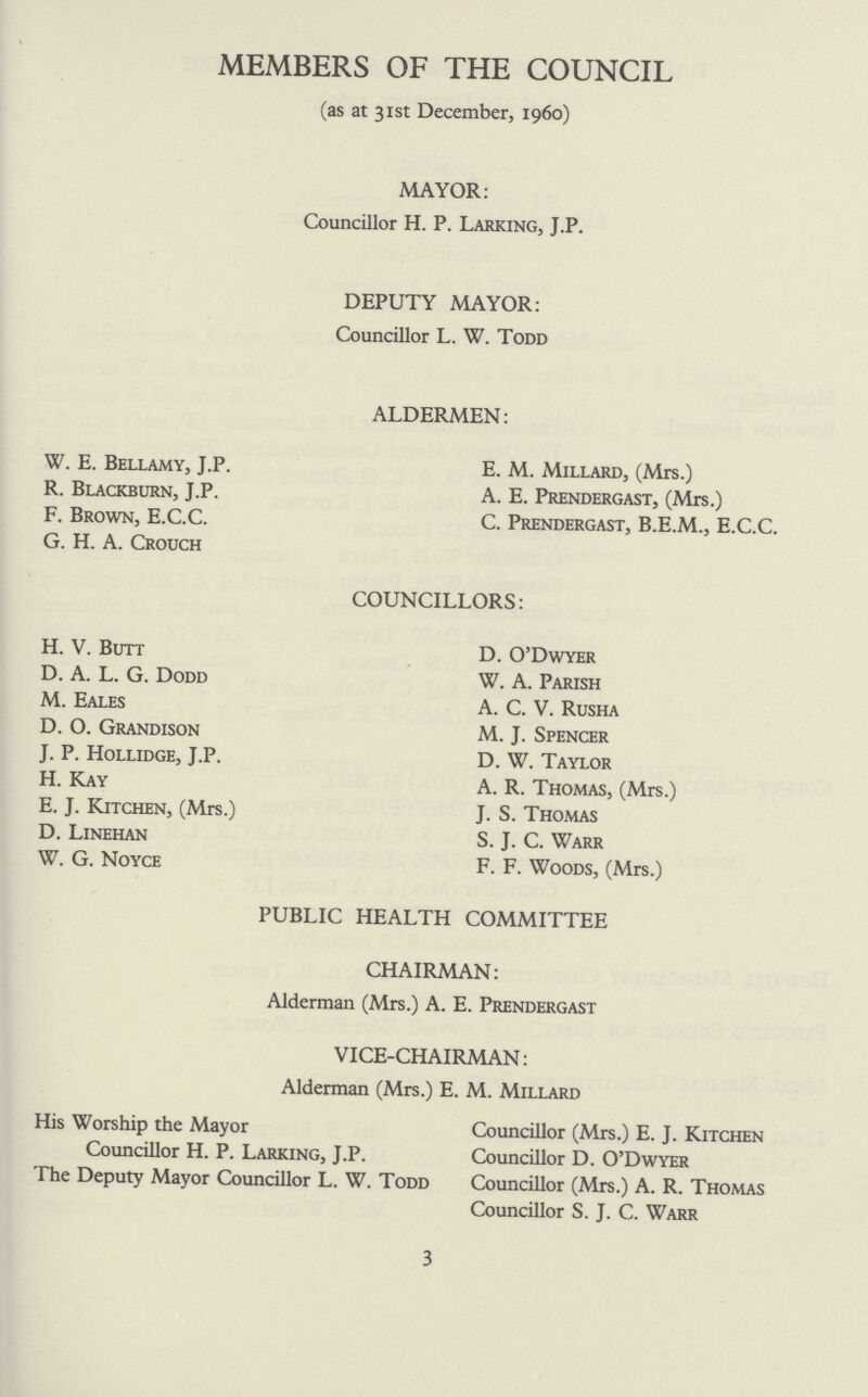 MEMBERS OF THE COUNCIL (as at 31st December, 1960) MAYOR: Councillor H. P. Larking, J.P. DEPUTY MAYOR: Councillor L. W. Todd ALDERMEN: W. E. Bellamy, J.P. E. M. Millard, (Mrs.) R. Blackburn, J.P. A. E. Prendergast, (Mrs.) F. Brown, E.C.C. C. Prendergast, B.E.M., E.C.C. G. H. A. Crouch COUNCILLORS: H. V. Butt D. O’Dwyer D. A. L. G. Dodd W. A. Parish M. Eales A. C. V. Rusha D. O. Grandison M. J. Spencer J. P. Hollidge, J.P. D. W. Taylor H. Kay A. R. Thomas, (Mrs.) E. J. Kitchen, (Mrs.) J. S. Thomas D. Linehan S. J. C. Warr W. G. Noyce F. F. Woods, (Mrs.) PUBLIC HEALTH COMMITTEE CHAIRMAN: Alderman (Mrs.) A. E. Prendergast VICE-CHAIRMAN: Alderman (Mrs.) E. M. Millard His Worship the Mayor Councillor (Mrs.) E. J. Kitchen Councillor H. P. Larking, J.P. Councillor D. O'Dwyer The Deputy Mayor Councillor L. W. Todd Councillor (Mrs.) A. R. Thomas Councillor S. J. C. Warr 3