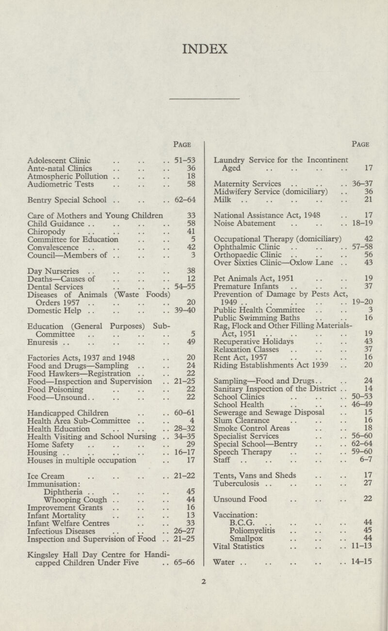 INDEX Page Adolescent Clinic 51-53 Ante-natal Clinics 36 Atmospheric Pollution 18 Audiometric Tests 58 Bentry Special School 62-64 Care of Mothers and Young Children 33 Child Guidance 58 Chiropody 41 Committee for Education 5 Convalescence 42 Council—Members of 3 Day Nurseries 38 Deaths—Causes of 12 Dental Services m54-55 Diseases of Animals (Waste Foods) Orders 1957 20 Domestic Help 39-40 Education (General Purposes) Sub- Committee 5 Enuresis 49 Factories Acts, 1937 and 1948 20 Food and Drugs—Sampling 24 Food Hawkers—Registration 22 Food—Inspection and Supervision 21-25 Food Poisoning 22 Food—Unsound 22 Handicapped Children 60-61 Health Area Sub-Committee 4 Health Education 28-32 Health Visiting and School Nursing 34-35 Home Safety 29 Housing 16-17 Houses in multiple occupation 17 Ice Cream 21-22 Immunisation: Diphtheria 45 Whooping Cough 44 Improvement Grants 16 Infant Mortality 13 Infant Welfare Centres 33 Infectious Diseases 26-27 Inspection and Supervision of Food 21-25 Kingsley Hall Day Centre for Handi capped Children Under Five 65-66 Page Laundry Service for the Incontinent Aged 17 Maternity Services 36-37 Midwifery Service (domiciliary) 36 Milk 21 National Assistance Act, 1948 17 Noise Abatement 18-19 Occupational Therapy (domiciliary) 42 Ophthalmic Clinic 57-58 Orthopaedic Clinic 56 Over Sixties Clinic—Oxlow Lane 43 Pet Animals Act, 1951 19 Premature Infants 37 Prevention of Damage by Pests Act, 1949 19-20 Public Health Committee 3 Public Swimming Baths 16 Rag, Flock and Other Filling Materials- Act, 1951 19 Recuperative Holidays 43 Relaxation Classes 37 Rent Act, 1957 16 Riding Establishments Act 1939 20 Sampling—Food and Drugs 24 Sanitary Inspection of the District 14 School Clinics 50-53 School Health 46-49 Sewerage and Sewage Disposal15 Slum Clearance 16 Smoke Control Areas 18 Specialist Services 56-60 Special School—Bentry 62-64 Speech Therapy 59-60 Staff 6-7 Tents, Vans and Sheds 17 Tuberculosis 27 Unsound Food 22 Vaccination: B.C.C 44 Poliomyelitis 45 Smallpox 44 Vital Statistics 11-13 Water14-15 2