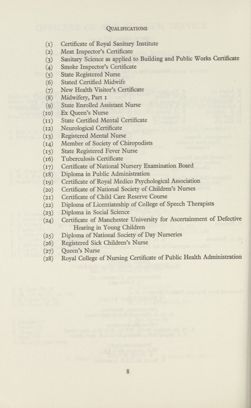 Qualifications (1) Certificate of Royal Sanitary Institute (2) Meat Inspector's Certificate (3) Sanitary Science as applied to Building and Public Works Certificate (4) Smoke Inspector's Certificate (5) State Registered Nurse (6) Stated Certified Midwife (7) New Health Visitor's Certificate (8) Midwifery, Part I (9) State Enrolled Assistant Nurse (10) Ex Queen's Nurse (11) State Certified Mental Certificate (12) Neurological Certificate (13) Registered Mental Nurse (14) Member of Society of Chiropodists (15) State Registered Fever Nurse (16) Tuberculosis Certificate (17) Certificate of National Nursery Examination Board (18) Diploma in Public Administration (19) Certificate of Royal Medico Psychological Association (20) Certificate of National Society of Children's Nurses (21) Certificate of Child Care Reserve Course (22) Diploma of Licentiateship of College of Speech Therapists (23) Diploma in Social Science (24) Certificate of Manchester University for Ascertainment of Defective Hearing in Young Children (25) Diploma of National Society of Day Nurseries (26) Registered Sick Children's Nurse (27) Queen's Nurse (28) Royal College of Nursing Certificate of Public Health Administration 8