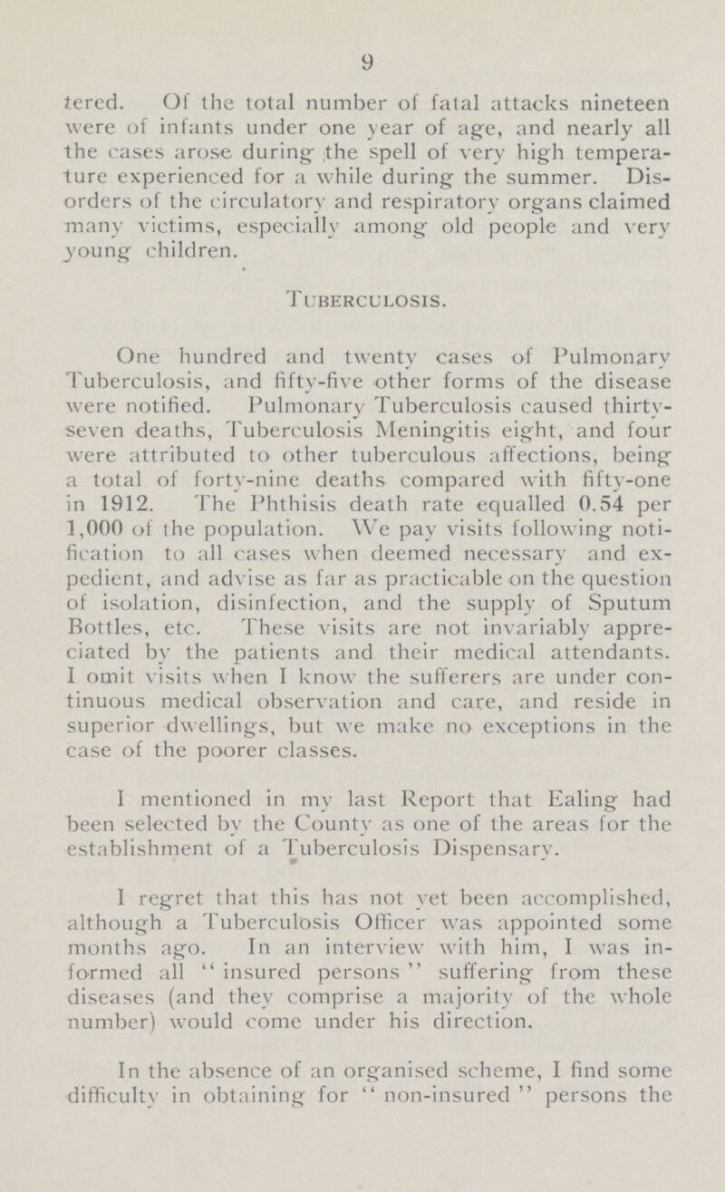 9 tered. Of the total number of fatal attacks nineteen were of infants under one year of age, and nearly all the cases arose during the spell of very high tempera ture experienced for a while during the summer. Dis orders of the circulatory and respiratory organs claimed many victims, especially among old people and very young children. Tuberculosis. One hundred and twenty cases of Pulmonary Tuberculosis, and fifty-five other forms of the disease were notified. Pulmonary Tuberculosis caused thirty seven deaths, Tuberculosis Meningitis eight, and four were attributed to other tuberculous affections, being a total of forty-nine deaths compared with fifty-one in 1912. The Phthisis death rate equalled 0.54 per 1,000 of the population. We pay visits following noti fication to all cases when deemed necessary and ex pedient, and advise as far as practicable on the question of isolation, disinfection, and the supply of Sputum Bottles, etc. These visits are not invariably appre ciated by the patients and their medical attendants. I omit visits when I know the sufferers are under con tinuous medical observation and care, and reside in superior dwellings, but we make no exceptions in the case of the poorer classes. I mentioned in my last Report that Ealing had been selected by the County as one of the areas for the establishment of a Tuberculosis Dispensary. I regret that this has not yet been accomplished, although a Tuberculosis Officer was appointed some months ago. In an interview with him, I was in formed all insured persons suffering from these diseases (and they comprise a majority of the whole number) would come under his direction. In the absence of an organised scheme, I find some difficulty in obtaining for non-insured persons the