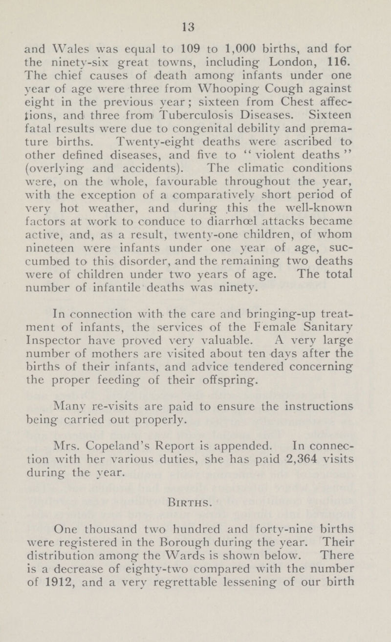 13 and Wales was equal to 109 to 1,000 births, and for the ninety-six great towns, including London, 116. The chief causes of death among infants under one year of age were three from Whooping Cough against eight in the previous year; sixteen from Chest affec tions, and three from Tuberculosis Diseases. Sixteen fatal results were due to congenital debility and prema ture births. Twenty-eight deaths were ascribed to other defined diseases, and five to violent deaths  (overlying and accidents). The climatic conditions were, on the whole, favourable throughout the year, with the exception of a comparatively short period of very hot weather, and during this the well-known factors at work to conduce to diarrhcel attacks became active, and, as a result, twenty-one children, of whom nineteen were infants under one year of age, suc cumbed to this disorder, and the remaining two deaths were of children under two years of age. The total number of infantile deaths was ninety. In connection with the care and bringing-up treat ment of infants, the services of the Female Sanitary Inspector have proved very valuable. A very large number of mothers are visited about ten days after the births of their infants, and advice tendered concerning the proper feeding of their offspring. Many re-visits are paid to ensure the instructions being carried out properly. Mrs. Copeland's Report is appended. In connec tion with her various duties, she has paid 2,364 visits during the year. Births. One thousand two hundred and forty-nine births were registered in the Borough during the year. Their distribution among the Wards is shown below. There is a decrease of eighty-two compared with the number of 1912, and a very regrettable lessening of our birth