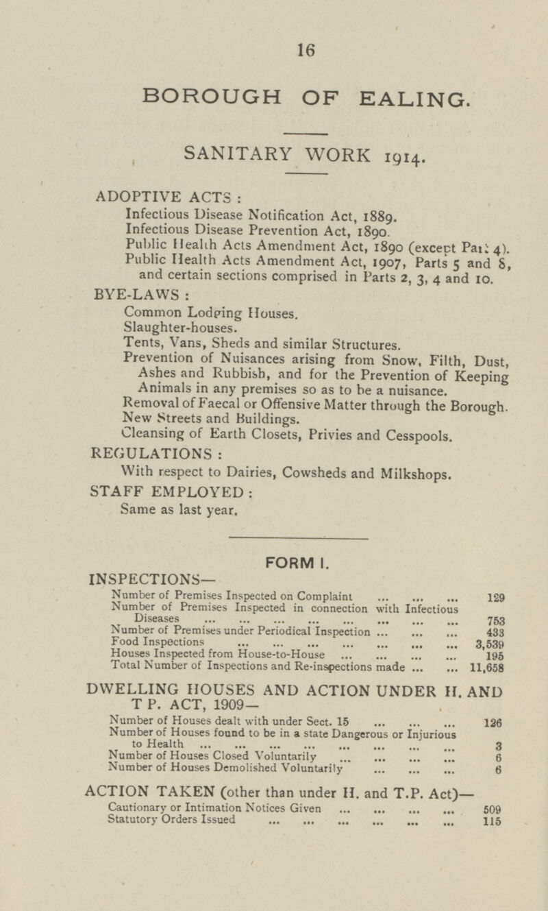 16 BOROUGH OF EALING. SANITARY WORK 1914. ADOPTIVE ACTS : Infectious Disease Notification Act, 1889. Infectious Disease Prevention Act, 1890 Public Health Acts Amendment Act, 1890 (except Part) 4). Public Health Acts Amendment Act, 1907, Parts 5 and 8, and certain sections comprised in Parts 2, 3, 4 and 10. BYE-LAWS : Common Lodging Houses. Slaughter-houses. Tents, Vans, Sheds and similar Structures. Prevention of Nuisances arising from Snow, Filth, Dust, Ashes and Rubbish, and for the Prevention of Keeping Animals in any premises so as to be a nuisance. Removal of Faecal or Offensive Matter through the Borough. New Streets and Buildings. Cleansing of Earth Closets, Privies and Cesspools. REGULATIONS : With respect to Dairies, Cowsheds and Milkshops. STAFF EMPLOYED: Same as last year. FORM I. INSPECTIONS— Number of Premises Inspected on Complaint 129 Number of Premises Inspected in connection with Infectious Diseases 753 Number of Premises under Periodical Inspection 433 Food Inspections 3,539 Houses Inspected from House-to-house 195 Total Number of Inspections and Reinfections made 11,658 DWELLING HOUSES AND ACTION UNDER H. AND T P. ACT, 1909— Number of Houses dealt with under Sect. 15 136 Number of Houses found to be in a state Dangerous or Injurious to Health 3 Number of Houses Closed Voluntarily 6 Number of Houses Demolished Voluntarily 6 ACTION TAKEN (other than under H. and T.P. Act)— Cautionary or Intimation Notices Given 509 Statutory Orders Issued 115