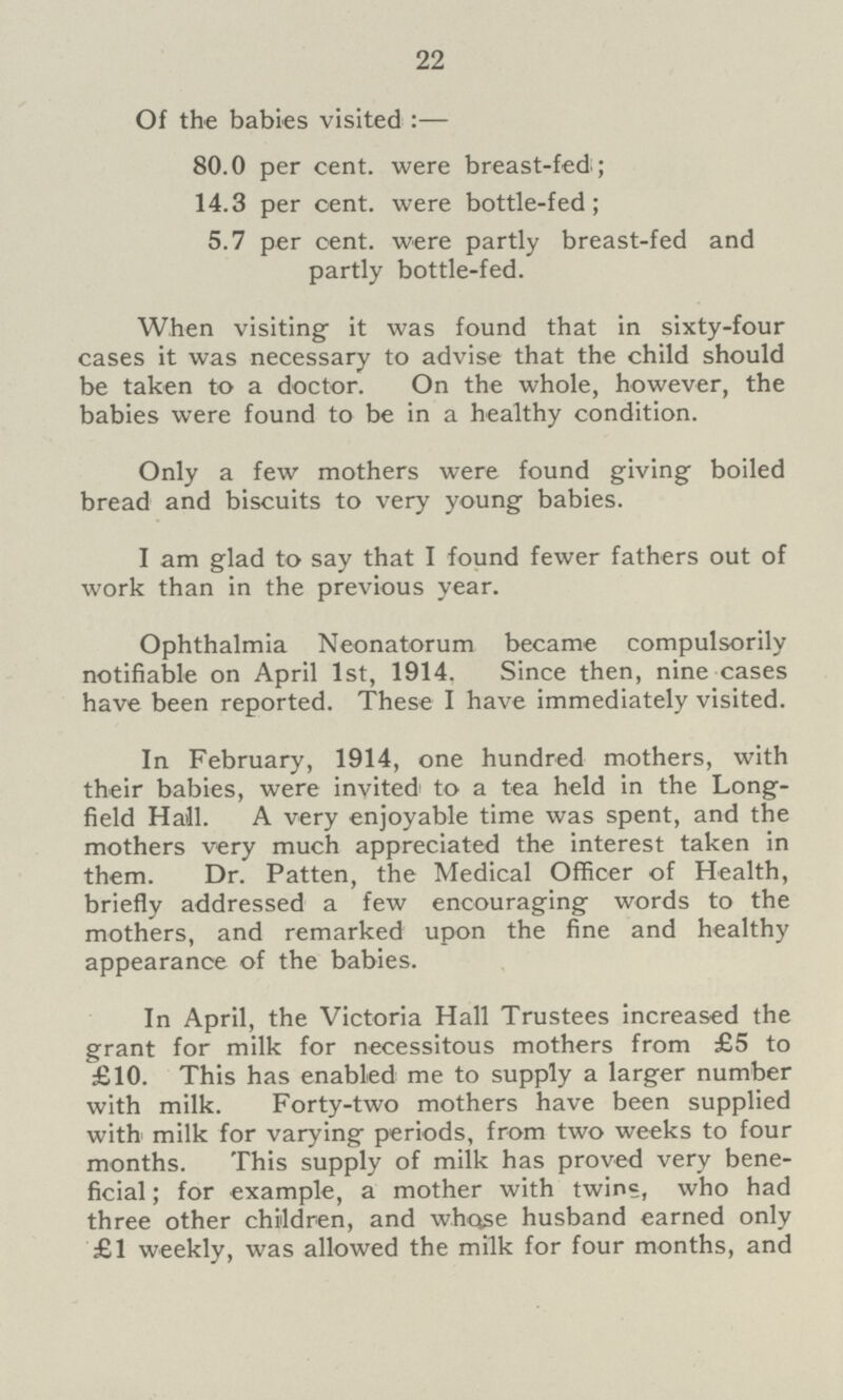 22 Of the babies visited :— 80.0 per cent. were breast-fed; 14.3 per cent. were bottle-fed; 5.7 per cent. were partly breast-fed and partly bottle-fed. When visiting it was found that in sixty-four cases it was necessary to advise that the child should be taken to a doctor. On the whole, however, the babies were found to be in a healthy condition. Only a few mothers were found giving boiled bread and biscuits to very young babies. I am glad to say that I found fewer fathers out of work than in the previous year. Ophthalmia Neonatorum became compulsorily notifiable on April 1st, 1914. Since then, nine cases have been reported. These I have immediately visited. In February, 1914, one hundred mothers, with their babies, were invited to a tea held in the Long field Hall. A very enjoyable time was spent, and the mothers very much appreciated the interest taken in them. Dr. Patten, the Medical Officer of Health, briefly addressed a few encouraging words to the mothers, and remarked upon the fine and healthy appearance of the babies. In April, the Victoria Hall Trustees increased the grant for milk for necessitous mothers from £5 to £10. This has enabled me to supply a larger number with milk. Forty-two mothers have been supplied with milk for varying periods, from two weeks to four months. This supply of milk has proved very bene ficial ; for example, a mother with twins, who had three other children, and whose husband earned only £1 weekly, was allowed the milk for four months, and