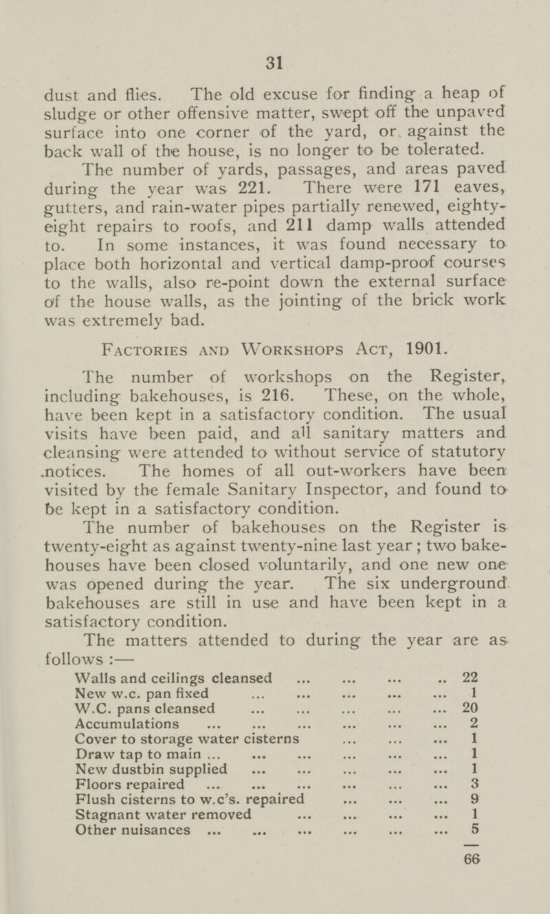 31 dust and flies. The old excuse for finding a heap of sludge or other offensive matter, swept off the unpaved surface into one corner of the yard, or against the back wall of the house, is no longer to be tolerated. The number of yards, passages, and areas paved during the year was 221. There were 171 eaves, gutters, and rain-water pipes partially renewed, eighty eight repairs to roofs, and 211 damp walls attended to. In some instances, it was found necessary to place both horizontal and vertical damp-proof courses to the walls, also re-point down the external surface of the house walls, as the jointing of the brick work was extremely bad. Factories and Workshops Act, 1901. The number of workshops on the Register, including bakehouses, is 216. These, on the whole, have been kept in a satisfactory condition. The usual visits have been paid, and a'l sanitary matters and cleansing were attended to without service of statutory .notices. The homes of all out-workers have been visited by the female Sanitary Inspector, and found to be kept in a satisfactory condition. The number of bakehouses on the Register is twenty-eight as against twenty-nine last year ; two bake houses have been closed voluntarily, and one new one was opened during the year. The six underground bakehouses are still in use and have been kept in a satisfactory condition. The matters attended to during the year are as follows :— Walls and ceilings cleansed .. 22 New w.c. pan fixed ... ... ... ... ... 1 W.C. pans cleansed ... ... ... ... ... 20 Accumulations 2 Cover to storage water cisterns 1 Draw tap to main 1 New dustbin supplied ... ... ... ... ... 1 Floors repaired 3 Flush cisterns to w.c's. repaired 9 Stagnant water removed 1 Other nuisances 5 66