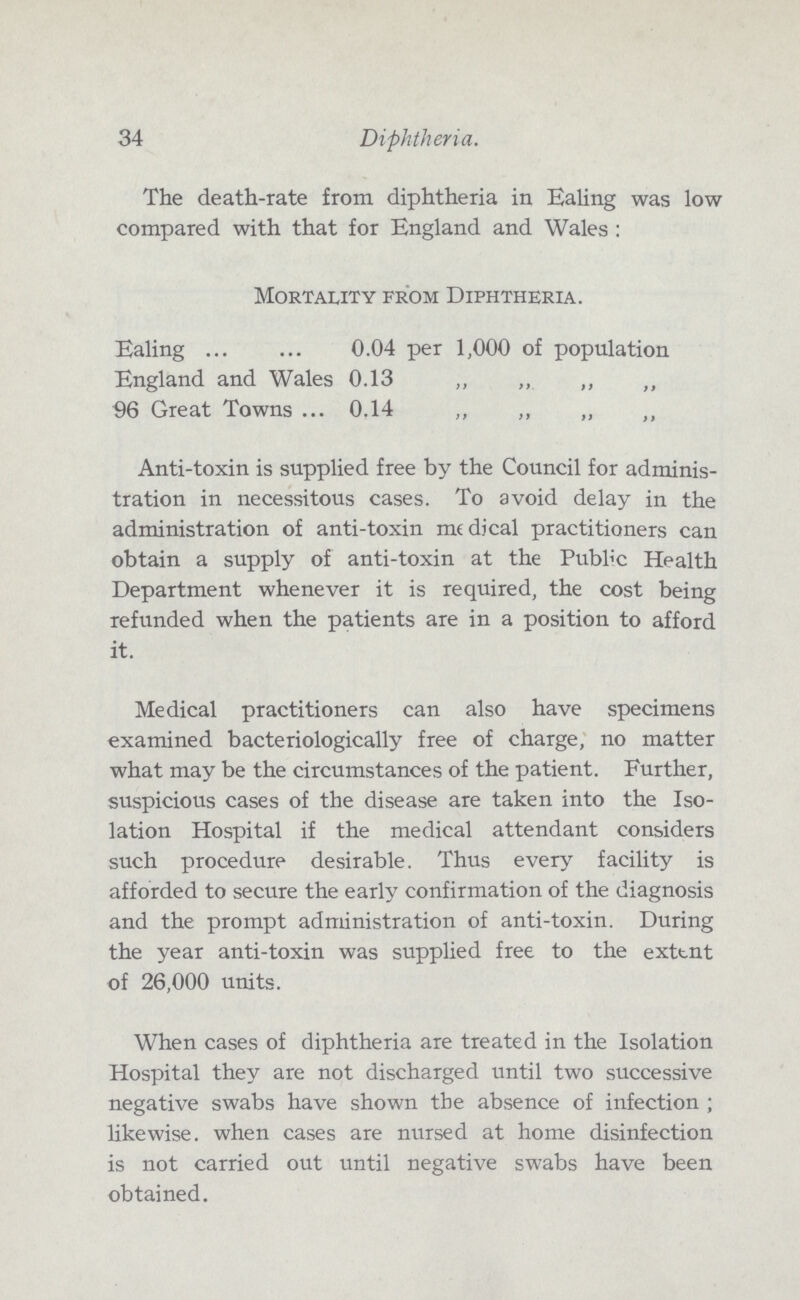 34 Diphtheria. The death-rate from diphtheria in Ealing was low compared with that for England and Wales : Mortality from Diphtheria. Ealing 0.04 per 1,000 of population England and Wales 0.13 ,, ,, ,, ,, 96 Great Towns 0.14 ,, ,, „ ,, Anti-toxin is supplied free by the Council for adminis tration in necessitous cases. To avoid delay in the administration of anti-toxin medical practitioners can obtain a supply of anti-toxin at the Public Health Department whenever it is required, the cost being refunded when the patients are in a position to afford it. Medical practitioners can also have specimens examined bacteriologically free of charge, no matter what may be the circumstances of the patient. Further, suspicious cases of the disease are taken into the Iso lation Hospital if the medical attendant considers such procedure desirable. Thus every facility is afforded to secure the early confirmation of the diagnosis and the prompt administration of anti-toxin. During the year anti-toxin was supplied free to the extent of 26,000 units. When cases of diphtheria are treated in the Isolation Hospital they are not discharged until two successive negative swabs have shown the absence of infection ; likewise, when cases are nursed at home disinfection is not carried out until negative swabs have been obtained.
