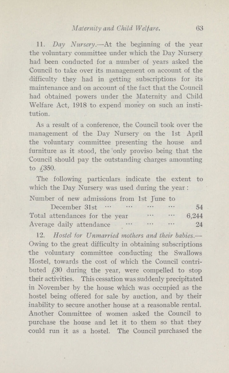 Maternity and Child Welfare. 63 11. Day Nursery.—At the beginning of the year the voluntary committee under which the Day Nursery had been conducted for a number of years asked the Council to take over its management on account of the difficulty they had in getting subscriptions for its maintenance and on account of the fact that the Council had obtained powers under the Maternity and Child Welfare Act, 1918 to expend money on such an insti tution. As a result of a conference, the Council took over the management of the Day Nursery on the 1st April the voluntary committee presenting the house and furniture as it stood, the only proviso being that the Council should pay the outstanding charges amounting to £350. The following particulars indicate the extent to which the Day Nursery was used during the year: Number of new admissions from 1st June to December 31st 54 Total attendances for the year 6,244 Average daily attendance 24 12. Hostel for Unmarried mothers and their babies.— Owing to the great difficulty in obtaining subscriptions the voluntary committee conducting the Swallows Hostel, towards the cost of which the Council contri buted £30 during the year, were compelled to stop their activities. This cessation was suddenly precipitated in November by the house which was occupied as the hostel being offered for sale by auction, and by their inability to secure another house at a reasonable rental. Another Committee of women asked the Council to purchase the house and let it to them so that they could run it as a hostel. The Council purchased the