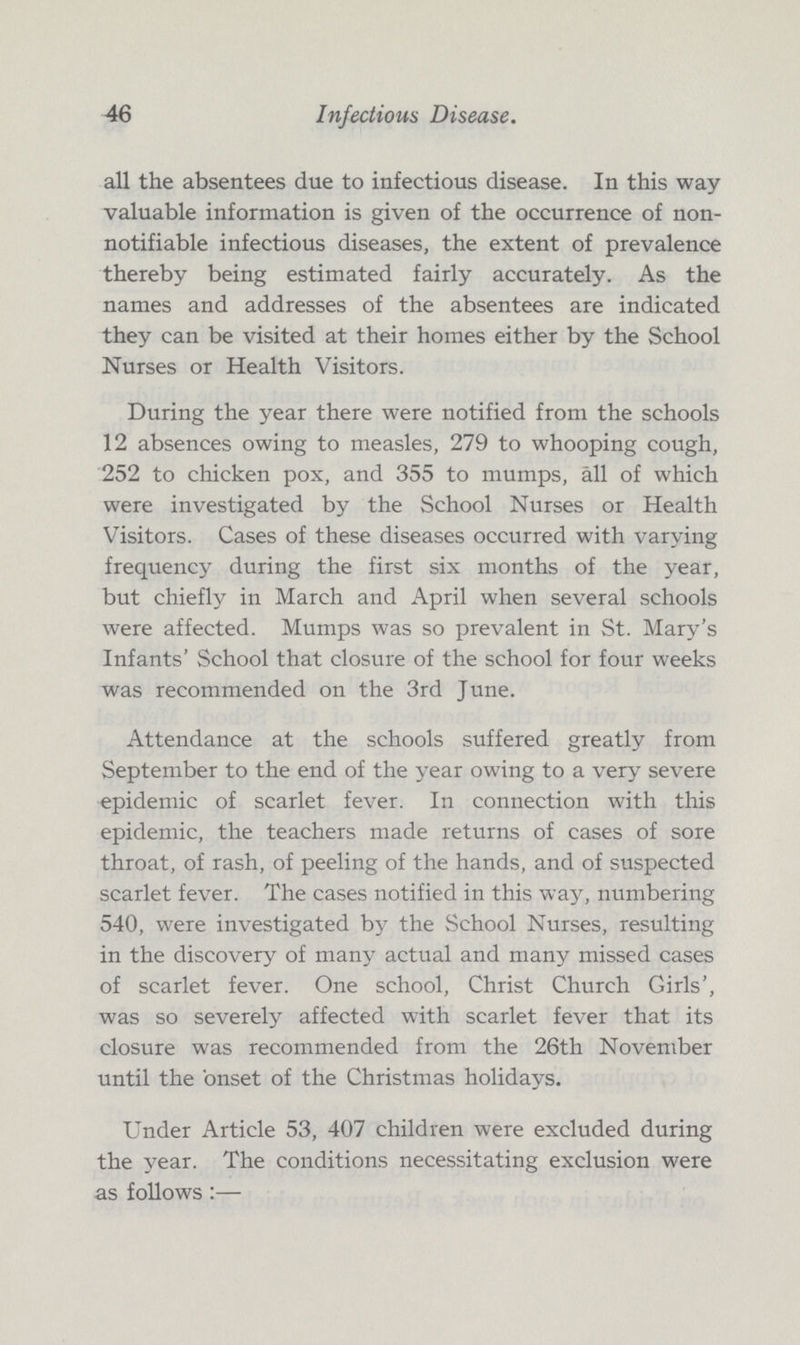 46 Infectious Disease. all the absentees due to infectious disease. In this way valuable information is given of the occurrence of non notifiable infectious diseases, the extent of prevalence thereby being estimated fairly accurately. As the names and addresses of the absentees are indicated they can be visited at their homes either by the School Nurses or Health Visitors. During the year there were notified from the schools 12 absences owing to measles, 279 to whooping cough, 252 to chicken pox, and 355 to mumps, all of which were investigated by the School Nurses or Health Visitors. Cases of these diseases occurred with varying frequency during the first six months of the year, but chiefly in March and April when several schools were affected. Mumps was so prevalent in St. Mary's Infants' School that closure of the school for four weeks was recommended on the 3rd June. Attendance at the schools suffered greatly from September to the end of the year owing to a very severe epidemic of scarlet fever. In connection with this epidemic, the teachers made returns of cases of sore throat, of rash, of peeling of the hands, and of suspected scarlet fever. The cases notified in this way, numbering 540, were investigated by the School Nurses, resulting in the discovery of many actual and many missed cases of scarlet fever. One school, Christ Church Girls', was so severely affected with scarlet fever that its closure was recommended from the 26th November until the 'onset of the Christmas holidays. Under Article 53, 407 children were excluded during the year. The conditions necessitating exclusion were as follows:—