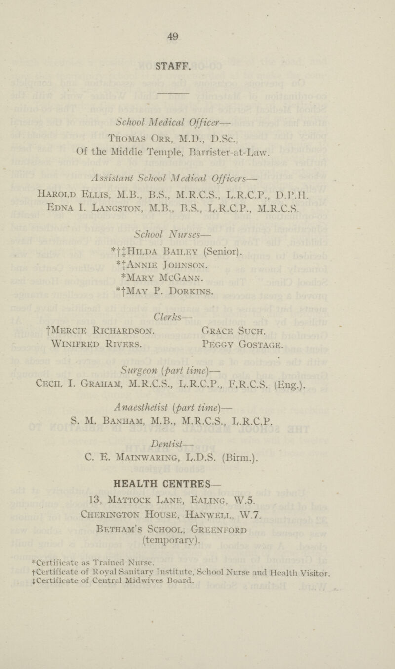 49 STAFF. School Medical Officer— Thomas Orr, M.D., D.Sc., Of the Middle Temple, Barrister-at-Law. Assistant School Medical Officers— Harold Ellis, M.B., B.S., M.R.C.S., L.R.C.P., D.P.H. Edna i. Langston, M.B., B.S., L.R.C.P., M.R.C.S. School Nnrses— *†‡ Hilda Bailey (Senior). * ‡Annie Johnson. *Mary McGann. *†May P. Dorkins. Clerks— †mercie Richardson. Grace Such. Winifred Rivers. Peggy Gostage. Surgeon (part time)— Cecil I. Graham, M.R.C.S., L.R.C.P., F.R.C.S. (Eng.). Anaesthetist (part time)— S. M. Banham, M.B., M.R.C.S., L.R.C.P. Dentist— C. E. Mainwaring, L.D.S. (Birm.). HEALTH CENTRES— 13, Mattock Lane, Ealing, W.5. Cherington House, Hanwell, W.7. Betham's School, Greenford (temporary). * Certificate as Trained Nurse. †Certificate of Royal Sanitary Institute, School Nurse and Health Visitor. ‡Certificate of Central Midwives Board.