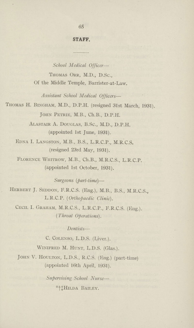 65 STAFF. School Medical Officer— Thomas Orr, M.D., D.Sc., Of the Middle Temple, Barrister-at-Law. Assistant School Medical Officers— Thomas H. Bingham, M.D., D.P.H. (resigned 31st March, 1931). John Petrie, M.B., Ch.B., D.P.H. Alastair A. Douglas, B.Sc., M.D., D.P.H. (appointed 1st June, 1931). Edna I. Langston, M.B., B.S., L.R.C.P., M.R.C.S. (resigned 23rd May, 1931). Florence Whitrow, M.B., Ch.B., M.R.C.S., L.R.C.P. (appointed 1st October, 1931). Surgeons (part-time)— Herbert J. Seddon, F.R.C.S. (Eng.), M.B., B.S., M.R.C.S., L.R.C.P. (Orthopaedic Clinic). Cecil I. Graham, M.R.C.S., L.R.C.P., F.R.C.S. (Eng.). (Throat Operations). Dentists— C. Colenso, L.D.S. (Liver.). Winifred M. Hunt, L.D.S. (Glas.). John V. Houlton, L.D.S., R.C.S. (Eng.) (part-time) (appointed 16th April, 1931). Supervising School Nurse— *†‡Hilda Bailey.