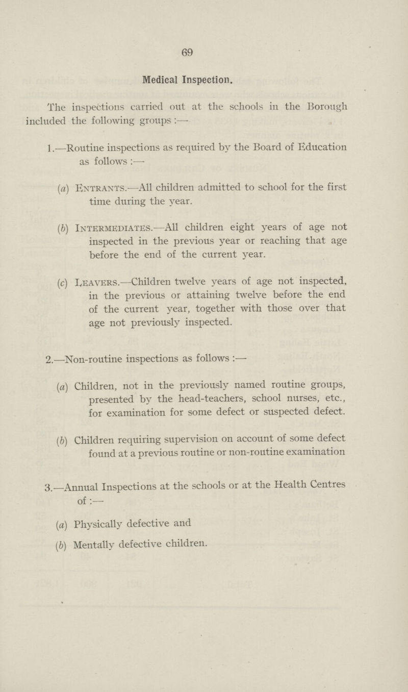 69 Medical Inspection. The inspections carried out at the schools in the Borough included the following groups:— 1—Routine inspections as required by the Board of Education as follows:— (a) Entrants. — All children admitted to school for the first time during the year. (b) Intermediates.— All children eight years of age not inspected in the previous year or reaching that age before the end of the current year. (c) Leavers.— Children twelve years of age not inspected. in the previous or attaining twelve before the end of the current year, together with those over that age not previously inspected. 2.—Non-routine inspections as follows:— (a) Children, not in the previously named routine groups, presented by the head-teachers, school nurses, etc., for examination for some defect or suspected defect. (b) Children requiring supervision on account of some defect found at a previous routine or non-routine examination 3.— Annual Inspections at the schools or at the Health Centres of:— (a) Physically defective and (b) Mentally defective children.