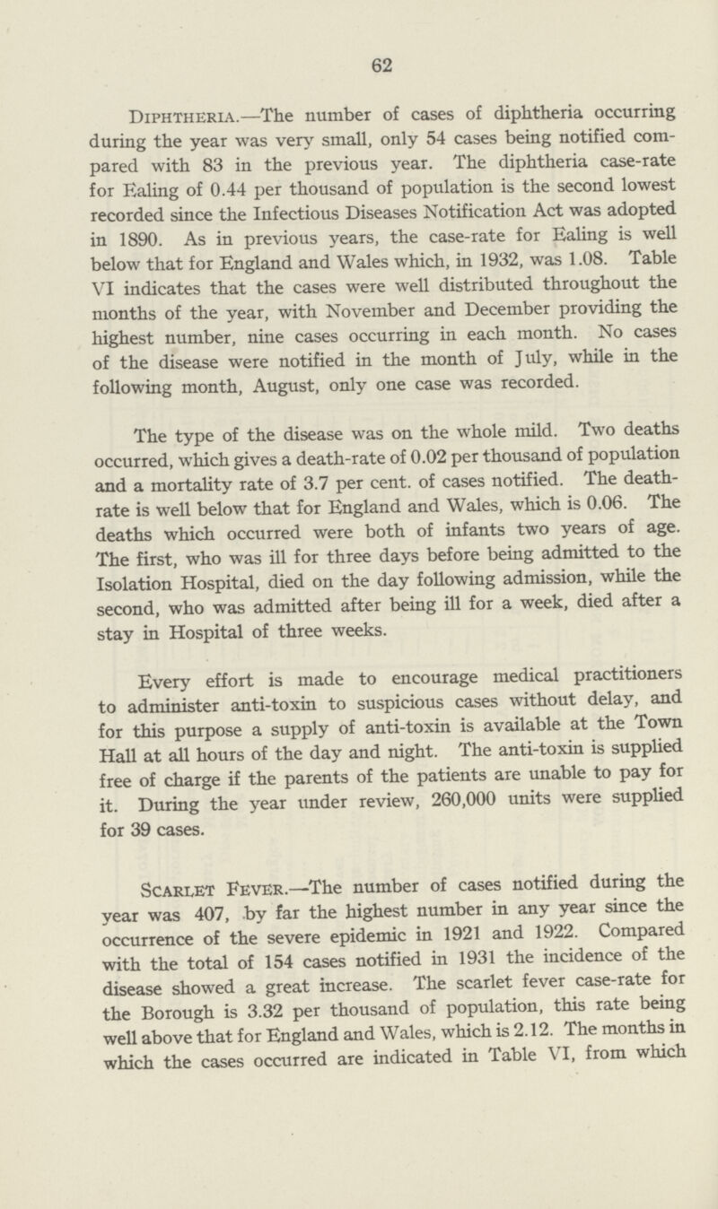 62 Diphtheria.—The number of cases of diphtheria occurring during the year was very small, only 54 cases being notified com pared with 83 in the previous year. The diphtheria case-rate for Ealing of 0.44 per thousand of population is the second lowest recorded since the Infectious Diseases Notification Act was adopted in 1890. As in previous years, the case-rate for Ealing is well below that for England and Wales which, in 1932, was 1.08. Table VI indicates that the cases were well distributed throughout the months of the year, with November and December providing the highest number, nine cases occurring in each month. No cases of the disease were notified in the month of July, while in the following month, August, only one case was recorded. The type of the disease was on the whole mild. Two deaths occurred, which gives a death-rate of 0.02 per thousand of population and a mortality rate of 3.7 per cent. of cases notified. The death rate is well below that for England and Wales, which is 0.06. The deaths which occurred were both of infants two years of age. The first, who was ill for three days before being admitted to the Isolation Hospital, died on the day following admission, while the second, who was admitted after being ill for a week, died after a stay in Hospital of three weeks. Every effort is made to encourage medical practitioners to administer anti-toxin to suspicious cases without delay, and for this purpose a supply of anti-toxin is available at the Town Hall at all hours of the day and night. The anti-toxin is supplied free of charge if the parents of the patients are unable to pay for it. During the year under review, 260,000 units were supplied for 39 cases. Scarlet Fever.—The number of cases notified during the year was 407, by far the highest number in any year since the occurrence of the severe epidemic in 1921 and 1922. Compared with the total of 154 cases notified in 1931 the incidence of the disease showed a great increase. The scarlet fever case-rate for the Borough is 3.32 per thousand of population, this rate being well above that for England and Wales, which is 2.12. The months in which the cases occurred are indicated in Table VI, from which