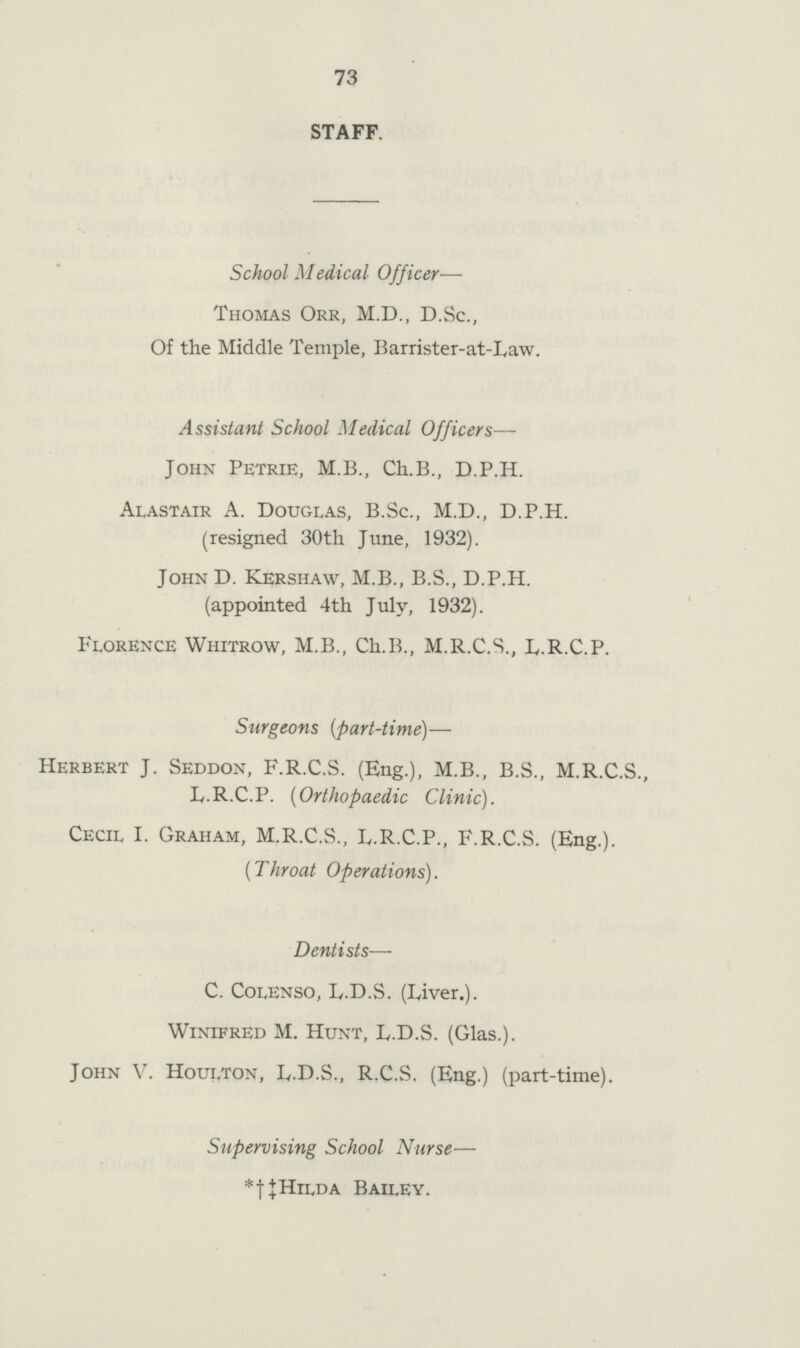 73 STAFF. School Medical Officer— Thomas Orr, M.D., D.Sc., Of the Middle Temple, Barrister-at-Law. Assistant School Medical Officers— John Petrie, M.B., Ch.B., D.P.H. Alastair A. Douglas, B.Sc., M.D., D.P.H. (resigned 30th June, 1932). John D. Kershaw, M.B., B.S., D.P.H. (appointed 4th July, 1932). Florence Whitrow, M.B., Ch.B., M.R.C.S., L.R.C.P. Surgeons (part-time)— Herbert J. Seddon, F.R.C.S. (Eng.), M.B., B.S., M.R.C.S., L.R.C.P. (Orthopaedic Clinic). Cecil I. Graham, M.R.C.S., L.R.C.P., F.R.C.S. (Eng.). (Throat Operations). Dentists— C. Colenso, L.D.S. (Liver.). Winifred M. Hunt, L.D.S. (Glas.). John V. Houlton, L.D.S., R.C.S. (Eng.) (part-time). Supervising School Nurse * †‡ Hilda Bailey.