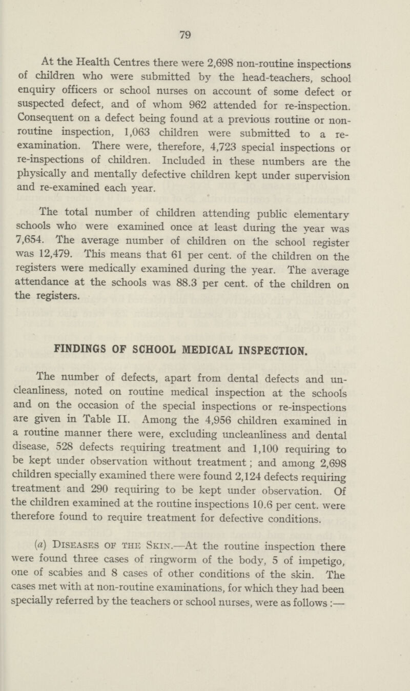 79 At the Health Centres there were 2,698 non-routine inspections of children who were submitted by the head-teachers, school enquiry officers or school nurses on account of some defect or suspected defect, and of whom 962 attended for re-inspection. Consequent on a defect being found at a previous routine or non routine inspection, 1,063 children were submitted to a re examination. There were, therefore, 4,723 special inspections or re-inspections of children. Included in these numbers are the physically and mentally defective children kept under supervision and re-examined each year. The total number of children attending public elementary schools who were examined once at least during the year was 7,654. The average number of children on the school register was 12,479. This means that 61 per cent, of the children on the registers were medically examined during the year. The average attendance at the schools was 88.3 per cent, of the children on the registers. FINDINGS OF SCHOOL MEDICAL INSPECTION. The number of defects, apart from dental defects and un cleanliness, noted on routine medical inspection at the schools and on the occasion of the special inspections or re-inspections are given in Table II. Among the 4,956 children examined in a routine manner there were, excluding uncleanliness and dental disease, 528 defects requiring treatment and 1,100 requiring to be kept under observation without treatment; and among 2,698 children specially examined there were found 2,124 defects requiring treatment and 290 requiring to be kept under observation. Of the children examined at the routine inspections 10.6 per cent, were therefore found to require treatment for defective conditions. (a) Diseases of the Skin.—At the routine inspection there were found three cases of ringworm of the body, 5 of impetigo, one of scabies and 8 cases of other conditions of the skin. The cases met with at non-routine examinations, for which they had been specially referred by the teachers or school nurses, were as follows:—