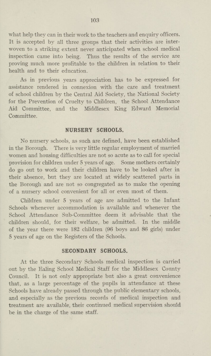 103 what help they can in their work to the teachers and enquiry officers. It is accepted by all three groups that their activities are inter woven to a striking extent never anticipated when school medical inspection came into being. Thus the results of the service are proving much more profitable to the children in relation to their health and to their education. As in previous years appreciation has to be expressed for assistance rendered in connexion with the care and treatment of school children by the Central Aid Society, the National Society for the Prevention of Cruelty to Children, the School Attendance Aid Committee, and the Middlesex King Edward Memorial Committee. NURSERY SCHOOLS. No nursery schools, as such are defined, have been established in the Borough. There is very little regular employment of married women and housing difficulties are not so acute as to call for special provision for children under 5 years of age. Some mothers certainly do go out to work and their children have to be looked after in their absence, but they are located at widely scattered parts in the Borough and are not so congregated as to make the opening of a nursery school convenient for all or even most of them. Children under 5 years of age are admitted to the Infant Schools whenever accommodation is available and whenever the School Attendance Sub-Committee deem it advisable that the children should, for their welfare, be admitted. In the middle of the year there were 182 children (96 boys and 86 girls) under 5 years of age on the Registers of the Schools. SECONDARY SCHOOLS. At the three Secondary Schools medical inspection is carried out by the Ealing School Medical Staff for the Middlesex County Council. It is not only appropriate but also a great convenience that, as a large percentage of the pupils in attendance at these Schools have already passed through the public elementary schools, and especially as the previous records of medical inspection and treatment are available, their continued medical supervision should be in the charge of the same staff.