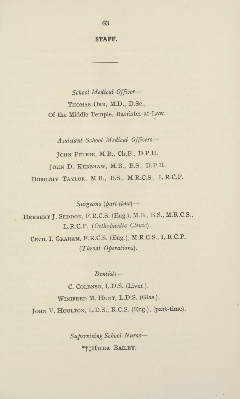 63 STAFF. School Medical Officer— Thomas Orr, M.D., D.Sc., Of the Middle Temple, Barrister-at-Law. Assistant School Medical Officers— John Petrie, M.B., Ch.B., D.P.H. John D. Kershaw, M.B., B.S., D.P.H. Dorothy Taylor, M.B., B.S., M.R.C.S., L.R.C.P. Surgeons (part-time)— Herbert J. Seddon, F.R.C.S. (Eng.), M.B., B.S., M.R.C.S., L.R.C.P. (Orthopaedic Clinic). Cecil I. Graham, F.R.C.S. (Eng.), M.R.C.S., L.R.C.P. (Throat Operations). Dentists— C. Colenso, L.D.S. (Liver.). Winifred M. Hunt, L.D.S. (Glas.). John V. Houlton, L.D.S., R.C.S. (Eng.), (part-time). Supervising School Nurse— Hilda Bailey.