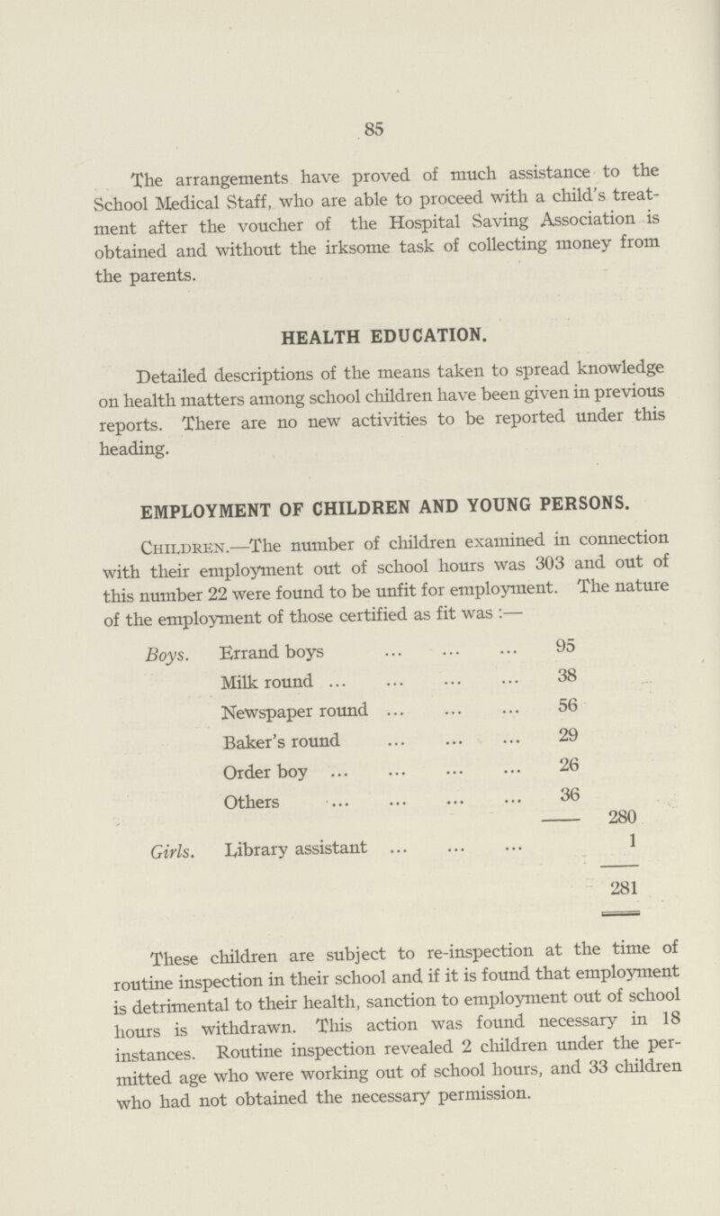 85 The arrangements have proved of much assistance to the School Medical Staff, who are able to proceed with a child's treat ment after the voucher of the Hospital Saving Association is obtained and without the irksome task of collecting money from the parents. HEALTH EDUCATION. Detailed descriptions of the means taken to spread knowledge on health matters among school children have been given in previous reports. There are no new activities to be reported under this heading. EMPLOYMENT OF CHILDREN AND YOUNG PERSONS. Children.—The number of children examined in connection with their employment out of school hours was 303 and out of this number 22 were found to be unfit for employment. The nature of the employment of those certified as fit was:— Boys. Errand boys 95 Milk round 38 Newspaper round 56 Baker's round 29 Order boy 26 Others 36 280 Girls. Library assistant 1 281 These children are subject to re-inspection at the time of routine inspection in their school and if it is found that employment is detrimental to their health, sanction to employment out of school hours is withdrawn. This action was found necessary in 18 instances. Routine inspection revealed 2 children under the per mitted age who were working out of school hours, and 33 children who had not obtained the necessary permission.