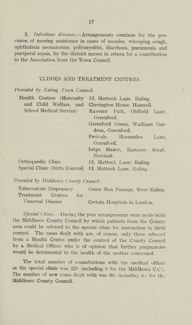 17 2. Infections diseases.—Arrangements continue for the pro vision of nursing assistance in cases of measles, whooping cough, ophthalmia neonatorum, poliomyelitis, diarrhoea, pneumonia and puerperal sepsis, by the district nurses in return for a contribution to the Association from the Town Council. CLINICS AND TREATMENT CENTRES. Provided by Ealing Town Council. Health Centres (Maternity 13, Mattock Lane, Ealing. and Child Welfare, and Cherington House, Hanwell. School Medical Service) Ravenor Park, Oldfield Lane, Greenford. Greenford Green, Wadham Gar dens, Greenford. Peri vale, Horsenden Lane, Greenford. Islips Manor, Eastcote Road, Northolt. Orthopaedic Clinic 13, Mattock Lane, Ealing. Special Clinic (Birth Control) 13, Mattock Lane, Ealing. Provided by Middlesex County Council. Tuberculosis Dispensary Green Man Passage, West Ealing Treatment Centres for Venereal Disease Certain Hospitals in London. Special Clinic.—During the year arrangements were made with the Middlesex County Council by which patients from the County area could be referred to the special clinic for instruction in birth control. The cases dealt with are, of course, only those referred from a Health Centre under the control of the County Council by a Medical Officer who is of opinion that further pregnancies would be detrimental to the health of the mother concerned. The total number of consultations with the medical officer at the special clinic was 220 (including 9 for the Middlesex C.C ). The number of new cases dealt with was 89, including six for the Middlesex County Council.