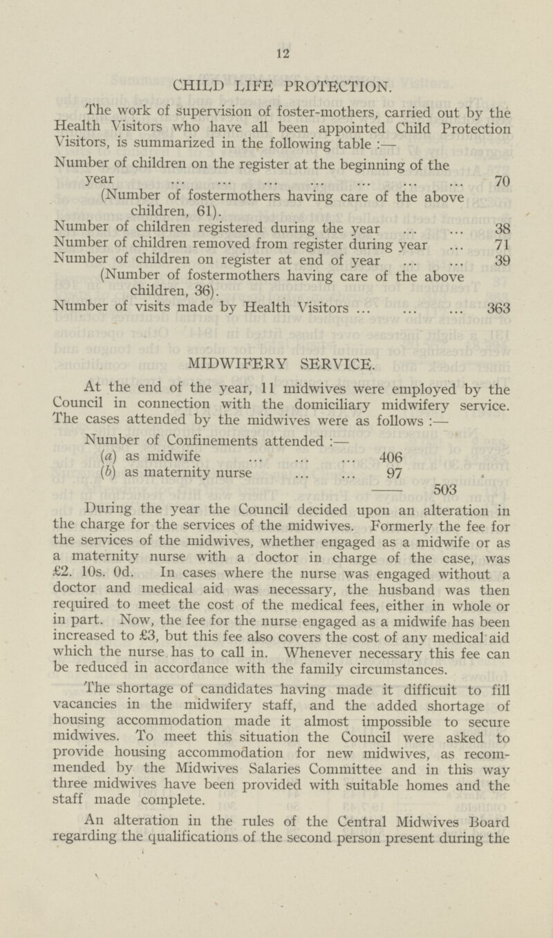 12 CHILD LIFE PROTECTION. The work of supervision of foster-mothers, carried out by the Health Visitors who have all been appointed Child Protection Visitors, is summarized in the following table:— Number of children on the register at the beginning of the year 70 (Number of fostermothers having care of the above children, 61). Number of children registered during the year 38 Number of children removed from register during year 71 Number of children on register at end of year 39 (Number of fostermothers having care of the above children, 36). Number of visits made by Health Visitors 363 MIDWIFERY SERVICE. At the end of the year, 11 midwives were employed by the Council in connection with the domiciliary midwifery service. The cases attended by the midwives were as follows:— Number of Confinements attended:— (a) as midwife 406 (b) as maternity nurse 97 503 During the year the Council decided upon an alteration in the charge for the services of the midwives. Formerly the fee for the services of the midwives, whether engaged as a midwife or as a maternity nurse with a doctor in charge of the case, was £2. 10s. Od. In cases where the nurse was engaged without a doctor and medical aid was necessary, the husband was then required to meet the cost of the medical fees, either in whole or in part. Now, the fee for the nurse engaged as a midwife has been increased to £3, but this fee also covers the cost of any medical aid which the nurse has to call in. Whenever necessary this fee can be reduced in accordance with the family circumstances. The shortage of candidates having made it difficuit to fill vacancies in the midwifery staff, and the added shortage of housing accommodation made it almost impossible to secure midwives. To meet this situation the Council were asked to provide housing accommodation for new midwives, as recom mended by the Midwives Salaries Committee and in this way three midwives have been provided with suitable homes and the staff made complete. An alteration in the rules of the Central Midwives Board regarding the qualifications of the second person present during the