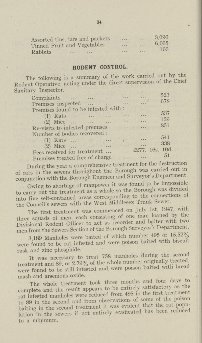 34 Assorted tins, jars and packets 3,096 Tinned Fruit and Vegetables 6,065 Rabbits 166 RODENT CONTROL. The following is a summary of the work carried out by the Rodent Operative, acting under the direct supervision of the Chief Sanitary Inspector. Complaints 523 Premises inspected 678 Premises found to be infested with : (1) Rats 537 (2) Mice 129 Re-visits to infested premises 851 Number of bodies recovered : (1) Rats 541 (2) Mice 338 Fees received for treatment £277. 16s. lOd. Premises treated free of charge 51 During the year a comprehensive treatment for the destruction of rats in the sewers throughout the Borough was carried out in conjunction with the Borough Engineer and Surveyor's Department. Owing to shortage of manpower it was found to be impossible to carry out the treatment as a whole so the Borough was divided into five self-contained areas corresponding to the connections of the Council's sewers with the West Middlesex Trunk Sewer. The first treatment was commenced on July 1st, 1947, with three squads of men, each consisting of one man loaned by the Divisional Rodent Officer to act as recorder and baiter with two men from the Sewers Section of the Borough Surveyor's Department. 3,189 Manholes were baited of which number 495 or 15.52% were found to be rat infested and were poison baited with biscuit rusk and zinc phosphide. It was necessary to treat 758 manholes during the second treatment and 89, or 2.79% of the whole number originally treated, were found to be still infested and were poison baited with bread mash and arsenious oxide. The whole treatment took three months and four days to complete and the result appears to be entirely satisfactory as the rat infested manholes were reduced from 495 in the first treatment to 89 in the second and from observations of some of the poison baiting in the second treatment it was evident that the rat popu lation in the sewers if not entirely eradicated has been reduced to a minimum.
