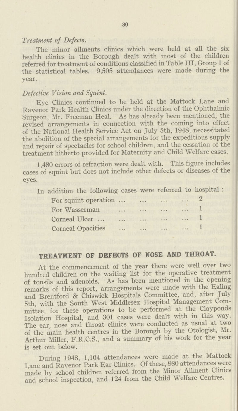 30 Treatment of Defects. The minor ailments clinics which were held at all the six health clinics in the Borough dealt with most of the children referred for treatment of conditions classified in Table III, Group 1 of the statistical tables. 9,505 attendances were made during the year. Defective Vision and Squint. Eye Clinics continued to be held at the Mattock Lane and Ravenor Park Health Clinics under the direction of the Ophthalmic Surgeon, Mr. Freeman Heal. As has already been mentioned, the revised arrangements in connection with the coming into effect of the National Health Service Act on July 5th, 1948, necessitated the abolition of the special arrangements for the expeditious supply and repair of spectacles for school children, and the cessation of the treatment hitherto provided for Maternity and Child Welfare cases. 1,480 errors of refraction were dealt with. This figure includes cases of squint but does not include other defects or diseases of the eyes. In addition the following cases were referred to hospital : For squint operation 2 For Wasserman 1 Corneal Ulcer 1 Corneal Opacities 1 TREATMENT OF DEFECTS OF NOSE AND THROAT. At the commencement of the year there were well over two hundred children on the waiting list for the operative treatment of tonsils and adenoids. As has been mentioned in the opening remarks of this report, arrangements were made with the Ealing and Brentford & Chiswick Hospitals Committee, and, after July 5th, with the South West Middlesex Hospital Management Com mittee, for these operations to be performed at the Clayponds Isolation Hospital, and 301 cases were dealt with in this way. The ear, nose and throat clinics were conducted as usual at two of the main health centres in the Borough by the Otologist, Mr. Arthur Miller, F.R.C.S., and a summary of his work for the year is set out below. During 1948, 1,104 attendances were made at the Mattock Lane and Ravenor Park Ear Clinics. Of these, 980 attendances were made by school children referred from the Minor Ailment Clinics and school inspection, and 124 from the Child Welfare Centres.