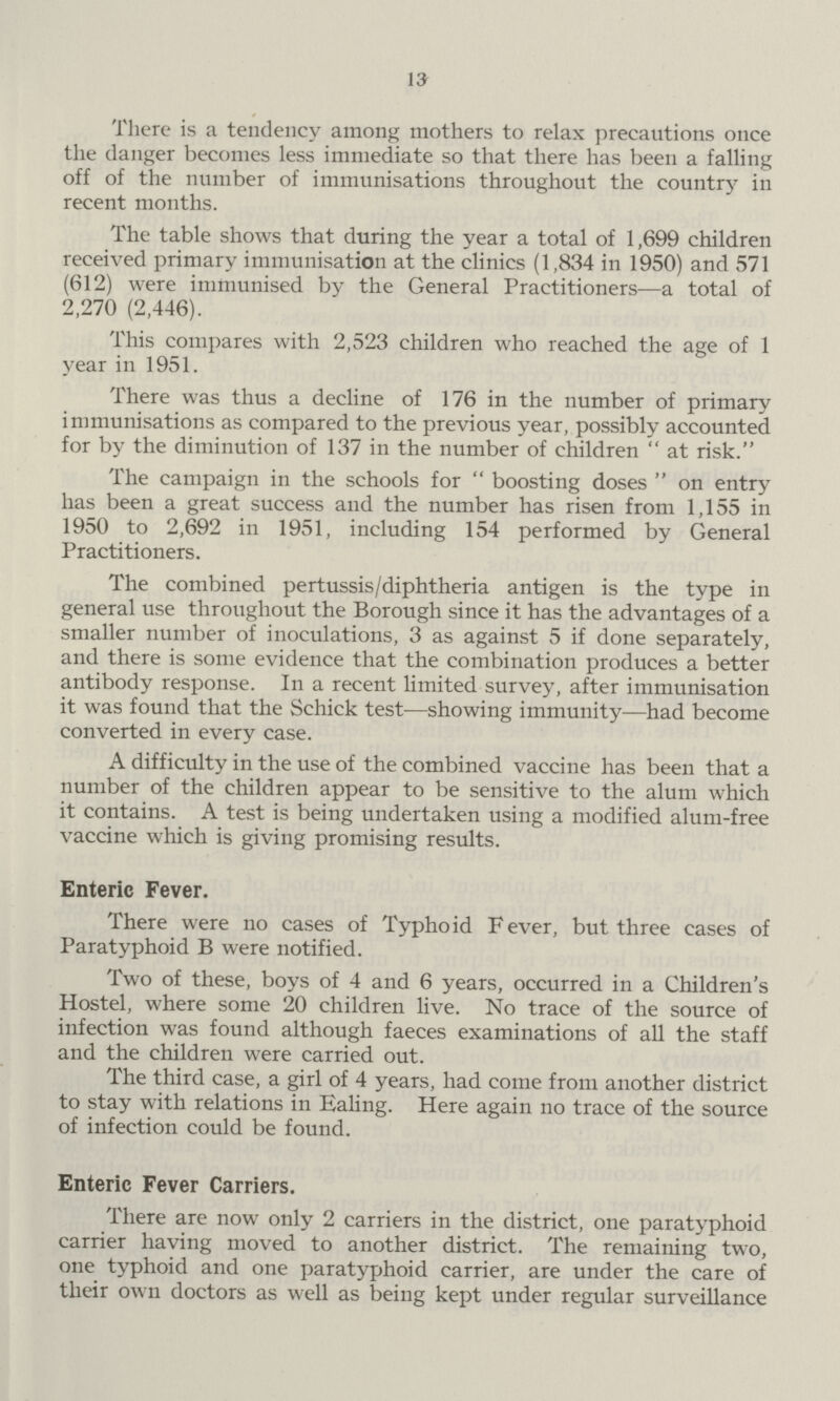 13 There is a tendency among mothers to relax precautions once the danger becomes less immediate so that there has been a falling off of the number of immunisations throughout the country in recent months. The table shows that during the year a total of 1,699 children received primary immunisation at the clinics (1,834 in 1950) and 571 (612) were immunised by the General Practitioners—a total of 2,270 (2,446). This compares with 2,523 children who reached the age of 1 year in 1951. There was thus a decline of 176 in the number of primary immunisations as compared to the previous year, possibly accounted for by the diminution of 137 in the number of children  at risk. The campaign in the schools for  boosting doses  on entry has been a great success and the number has risen from 1,155 in 1950 to 2,692 in 1951, including 154 performed by General Practitioners. The combined pertussis/diphtheria antigen is the type in general use throughout the Borough since it has the advantages of a smaller number of inoculations, 3 as against 5 if done separately, and there is some evidence that the combination produces a better antibody response. In a recent limited survey, after immunisation it was found that the Schick test—showing immunity—had become converted in every case. A difficulty in the use of the combined vaccine has been that a number of the children appear to be sensitive to the alum which it contains. A test is being undertaken using a modified alum-free vaccine which is giving promising results. Enteric Fever. There were no cases of Typhoid Fever, but three cases of Paratyphoid B were notified. Two of these, boys of 4 and 6 years, occurred in a Children's Hostel, where some 20 children live. No trace of the source of infection was found although faeces examinations of all the staff and the children were carried out. The third case, a girl of 4 years, had come from another district to stay with relations in Ealing. Here again no trace of the source of infection could be found. Enteric Fever Carriers. There are now only 2 carriers in the district, one paratyphoid carrier having moved to another district. The remaining two, one typhoid and one paratyphoid carrier, are under the care of their own doctors as well as being kept under regular surveillance