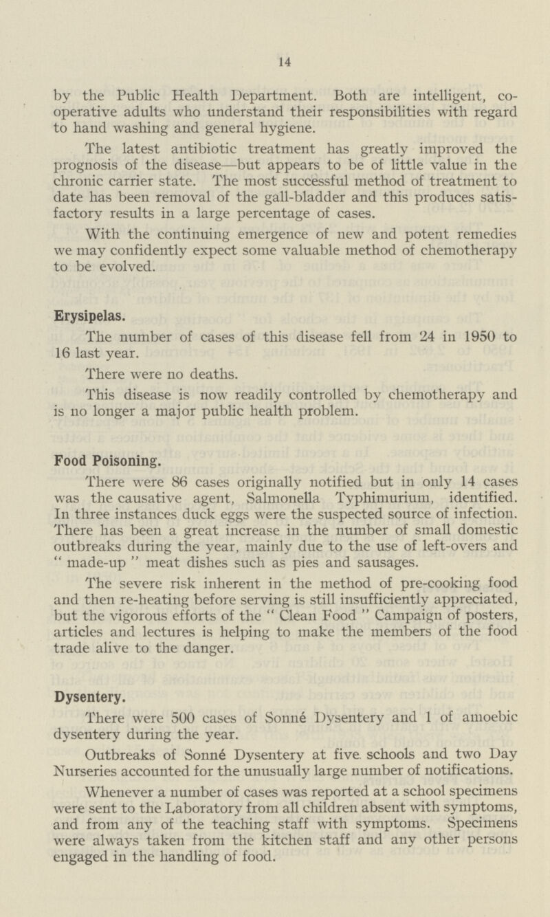 14 by the Public Health Department. Both are intelligent, co operative adults who understand their responsibilities with regard to hand washing and general hygiene. The latest antibiotic treatment has greatly improved the prognosis of the disease—but appears to be of little value in the chronic carrier state. The most successful method of treatment to date has been removal of the gall-bladder and this produces satis factory results in a large percentage of cases. With the continuing emergence of new and potent remedies we may confidently expect some valuable method of chemotherapy to be evolved. Erysipelas. The number of cases of this disease fell from 24 in 1950 to 16 last year. There were no deaths. This disease is now readily controlled by chemotherapy and is no longer a major public health problem. Food Poisoning. There were 86 cases originally notified but in only 14 cases was the causative agent, Salmonella Typhimurium, identified. In three instances duck eggs were the suspected source of infection. There has been a great increase in the number of small domestic outbreaks during the year, mainly due to the use of left-overs and  made-up  meat dishes such as pies and sausages. The severe risk inherent in the method of pre-cooking food and then re-heating before serving is still insufficiently appreciated, but the vigorous efforts of the  Clean Food  Campaign of posters, articles and lectures is helping to make the members of the food trade alive to the danger. Dysentery. There were 500 cases of Sonne Dysentery and 1 of amoebic dysentery during the year. Outbreaks of Sonne Dysentery at five schools and two Day Nurseries accounted for the unusually large number of notifications. Whenever a number of cases was reported at a school specimens were sent to the Laboratory from all children absent with symptoms, and from any of the teaching staff with symptoms. Specimens were always taken from the kitchen staff and any other persons engaged in the handling of food.