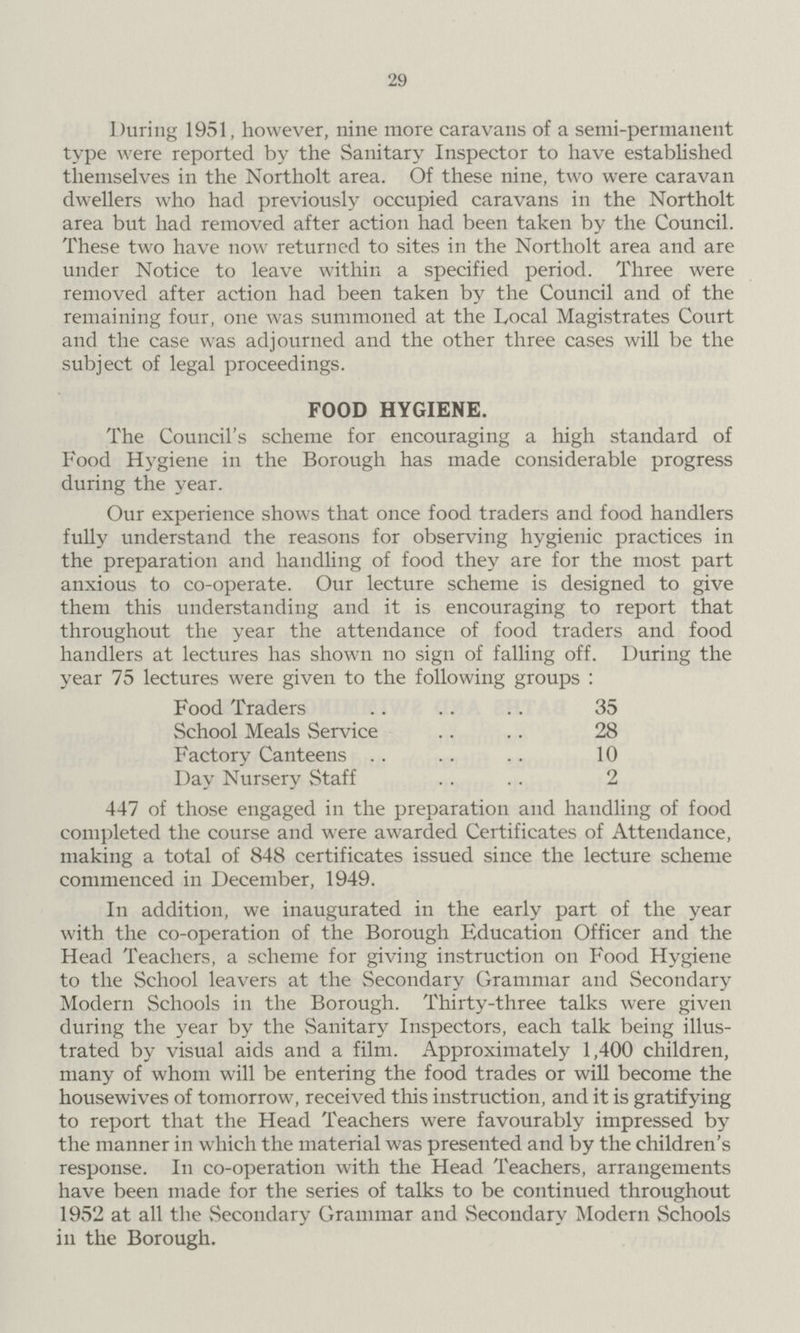 29 During 1951, however, nine more caravans of a semi-permanent type were reported by the Sanitary Inspector to have established themselves in the Northolt area. Of these nine, two were caravan dwellers who had previously occupied caravans in the Northolt area but had removed after action had been taken by the Council. These two have now returned to sites in the Northolt area and are under Notice to leave within a specified period. Three were removed after action had been taken by the Council and of the remaining four, one was summoned at the Local Magistrates Court and the case was adjourned and the other three cases will be the subject of legal proceedings. FOOD HYGIENE. The Council's scheme for encouraging a high standard of Food Hygiene in the Borough has made considerable progress during the year. Our experience shows that once food traders and food handlers fully understand the reasons for observing hygienic practices in the preparation and handling of food they are for the most part anxious to co-operate. Our lecture scheme is designed to give them this understanding and it is encouraging to report that throughout the year the attendance of food traders and food handlers at lectures has shown no sign of falling off. During the year 75 lectures were given to the following groups: Food Traders 35 School Meals Service 28 Factory Canteens 10 Day Nursery Staff 2 447 of those engaged in the preparation and handling of food completed the course and were awarded Certificates of Attendance, making a total of 848 certificates issued since the lecture scheme commenced in December, 1949. In addition, we inaugurated in the early part of the year with the co-operation of the Borough Education Officer and the Head Teachers, a scheme for giving instruction on Food Hygiene to the School leavers at the Secondary Grammar and Secondary Modern Schools in the Borough. Thirty-three talks were given during the year by the Sanitary Inspectors, each talk being illus trated by visual aids and a film. Approximately 1,400 children, many of whom will be entering the food trades or will become the housewives of tomorrow, received this instruction, and it is gratifying to report that the Head Teachers were favourably impressed by the manner in which the material was presented and by the children's response. In co-operation with the Head Teachers, arrangements have been made for the series of talks to be continued throughout 1952 at all the Secondary Grammar and Secondary Modern Schools in the Borough.