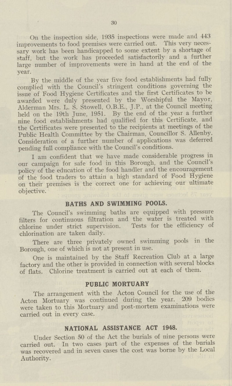 30 On the inspection side, 1935 inspections were made and 443 improvements to food premises were carried out. This very neces sary work has been handicapped to some extent by a shortage of staff, but the work has proceeded satisfactorily and a further large number of improvements were in hand at the end of the year. By the middle of the year five food establishments had fully complied with the Council's stringent conditions governing the issue of Food Hygiene Certificates and the first Certificates to be awarded were duly presented by the Worshipful the Mayor, Alderman Mrs. L. S. Stowell, O.B.E., J.P., at the Council meeting held on the 19th June, 1951. By the end of the year a further nine food establishments had qualified for this Certificate, and the Certificates were presented to the recipients at meetings of the Public Health Committee by the Chairman, Councillor S. Allenby. Consideration of a further number of applications was deferred pending full compliance with the Council's conditions. I am confident that we have made considerable progress in our campaign for safe food in this Borough, and the Council's policy of the education of the food handler and the encouragement of the food traders to attain a high standard of Food Hygiene on their premises is the correct one for achieving our ultimate objective. BATHS AND SWIMMING POOLS. The Council's swimming baths are equipped with pressure filters for continuous filtration and the water is treated with chlorine under strict supervision. Tests for the efficiency of chlorination are taken daily. There are three privately owned swimming pools in the Borough, one of which is not at present in use. One is maintained by the Staff Recreation Club at a large factory and the other is provided in connection with several blocks of flats. Chlorine treatment is carried out at each of them. PUBLIC MORTUARY The arrangement with the Acton Council for the use of the Acton Mortuary was continued during the year. 209 bodies were taken to this Mortuary and post-mortem examinations were carried out in every case. NATIONAL ASSISTANCE ACT 1948. Under Section 50 of the Act the burials of nine persons were carried out. In two cases part of the expenses of the burials was recovered and in seven cases the cost was borne by the Local Authority.
