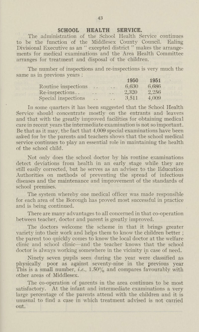 43 SCHOOL HEALTH SERVICE. The administration of the School Health Service continues to be the function of the Middlesex County Council. Ealing Divisional Executive as an excepted district makes the arrange ments for medical examinations and the Area Health Committee arranges for treatment and disposal of the children. The number of inspections and re-inspections is very much the same as in previous vears: 1950 1951 Routine inspections 6,630 6,686 Re-inspections 2,320 2,256 Special inspections 3,511 4,009 In some quarters it has been suggested that the School Health Service should concentrate mostly on the entrants and leavers and tbat with the greatly improved facilities for obtaining medical care in recent years the intermediate examination is not so important. Be that as it may, the fact that 4,009 special examinations have been asked for by the parents and teachers shows that the school medical service continues to play an essential role in maintaining the health of the school child. Not only does the school doctor by his routine examinations detect deviations from health in an early stage while they are still easily corrected, but he serves as an adviser to the Education Authorities on methods of preventing the spread of infectious diseases and the maintenance and improvement of the standards of school premises. The system whereby one medical officer was made responsible for each area of the Borough has proved most successful in practice and is being continued. There are many advantages to all concerned in that co-operation between teacher, doctor and parent is greatly improved. The doctors welcome the scheme in that it brings greater variety into their work and helps them to know the children better ; the parent too quickly comes to know the local doctor at the welfare clinic and school clinic—and the teacher knows that the school doctor is always working somewhere in the vicinity in case of need. Ninety seven pupils seen during the year were classified as physically poor as against seventy-nine in the previous year This is a small number, i.e., 1.50% and compares favourably with other areas of Middlesex. The co-operation of parents in the area continues to be most satisfactory. At the infant and intermediate examinations a very large percentage of the parents attend with the children and it is unusual to find a case in which treatment advised is not carried out,