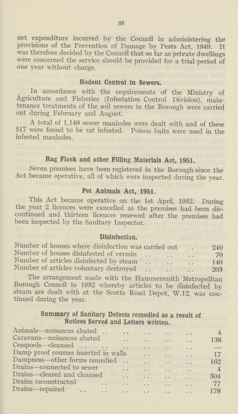 35 net expenditure incurred by the Council in administering the provisions of the Prevention of Damage by Pests Act, 1949. It was therefore decided by the Council that so far as private dwellings were concerned the service should be provided for a trial period of one year without charge. Rodent Control in Sewers. In accordance with the requirements of the Ministry of Agriculture and Fisheries (Infestation Control Division), main tenance treatments of the soil sewers in the Borough were carried out during February and August. A total of 1,149 sewer manholes were dealt with and of these 517 were found to be rat infested. Poison baits were used in the infested manholes. Rag Flock and other Filling Materials Act, 1951. Seven premises have been registered in the Borough since the Act became operative, all of which were inspected during the year. Pet Animals Act, 1951. This Act became operative on the 1st April, 1952. During the year 2 licences were cancelled as the premises had been dis continued and thirteen licences renewed after the premises had been inspected by the Sanitary Inspector. Disinfection. Number of houses where disinfection was carried out 240 Number of houses disinfested of vermin 70 Number of articles disinfected by steam 140 Number of articles voluntary destroyed 203 The arrangement made with the Hammersmith Metropolitan Borough Council in 1952 whereby articles to be disinfected by steam are dealt with at the Scotts Road Depot, W.12, was con tinued during the year. Summary of Sanitary Defects remedied as a result of Notices Served and Letters written. Animals—nuisances abated 4 Caravans—nuisances abated 138 Cesspools—cleansed — Damp proof courses inserted in walls 17 Dampness—other forms remedied 162 Drains—connected to sewer 4 Drains—cleared and cleansed 504 Drains reconstructed 77 Drains—repaired 178