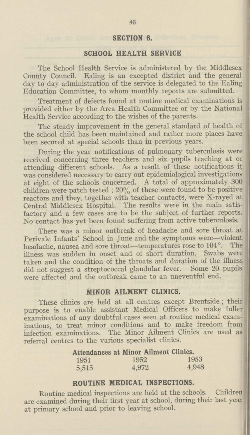 46 SECTION 6. SCHOOL HEALTH SERVICE The School Health Service is administered by the Middlesex County Council. Ealing is an excepted district and the general day to day administration of the service is delegated to the Ealing Education Committee, to whom monthly reports are submitted. Treatment of defects found at routine medical examinations is provided either by the Area Health Committee or by the National Health Service according to the wishes of the parents. The steady improvement in the general standard of health of the school child has been maintained and rather more places have been secured at special schools than in previous years. During the year notifications of pulmonary tuberculosis were received concerning three teachers and six pupils teaching at or attending different schools. As a result of these notifications it was considered necessary to carry out epidemiological investigations at eight of the schools concerned. A total of approximately 300 children were patch tested ; 20% of these were found to be positive reactors and they, together with teacher contacts, were X-rayed at Central Middlesex Hospital. The results were in the main satis factory and a few cases are to be the subject of further reports. No contact has yet been found suffering from active tuberculosis. There was a minor outbreak of headache and sore throat at Perivale Infants' School in June and the symptoms were—violent headache, nausea and sore throat—temperatures rose to 104°. The illness was sudden in onset and of short duration. Swabs were taken and the condition of the throats and duration of the illness did not suggest a streptococcal glandular fever. Some 20 pupils were affected and the outbreak came to an uneventful end. MINOR AILMENT CLINICS. These clinics are held at all centres except Brentside; their purpose is to enable assistant Medical Officers to make fuller examinations of any doubtful cases seen at routine medical exam inations, to treat minor conditions and to make freedom from infection examinations. The Minor Ailment Clinics are used as referral centres to the various specialist clinics. Attendances at Minor Ailment Clinics. 1951 1952 1953 5,515 4,972 4,948 ROUTINE MEDICAL INSPECTIONS. Routine medical inspections are held at the schools. Children are examined during their first year at school, during their last year at primary school and prior to leaving school.