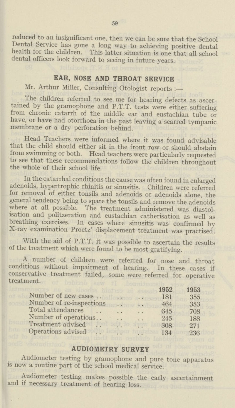 59 reduced to an insignificant one, then we can be sure that the School Dental Service has gone a long way to achieving positive dental health for the children. This latter situation is one that all school dental officers look forward to seeing in future years. EAR, NOSE AND THROAT SERVICE Mr. Arthur Miller, Consulting Otologist reports:- The children referred to see me for hearing defects as ascer tained by the gramophone and P.T.T. tests were either suffering from chronic catarrh of the middle ear and eustachian tube or have, or have had otorrhoea in the past leaving a scarred tympanic membrane or a dry perforation behind. Head Teachers were informed where it was found advisable that the child should either sit in the front row or should abstain from swimming or both. Head teachers were particularly requested to see that these recommendations follow the children throughout the whole of their school life. In the catarrhal conditions the cause was often found in enlarged adenoids, hypertrophic rhinitis or sinusitis. Children were referred for removal of either tonsils and adenoids or adenoids alone, the general tendency being to spare the tonsils and remove the adenoids where at all possible. The treatment administered was diastol isation and politzeration and eustachian catherisation as well as breathing exercises. In cases where sinusitis was confirmed by X-ray examination Proetz' displacement treatment was practised. With the aid of P.T.T. it was possible to ascertain the results of the treatment which were found to be most gratifying. A number of children were referred for nose and throat conditions without impairment of hearing. In these cases if conservative treatment failed, some were referred for operative treatment. 1952 1953 Number of new cases 181 355 Number of re-inspections 464 353 Total attendances 645 708 Number of operations 245 188 Treatment advised 308 271 Operations advised 134 236 AUDIOMETRY SURVEY Audiometer testing by gramophone and pure tone apparatus is now a routine part of the school medical service. Audiometer testing makes possible the early ascertainment and if necessary treatment of hearing loss.